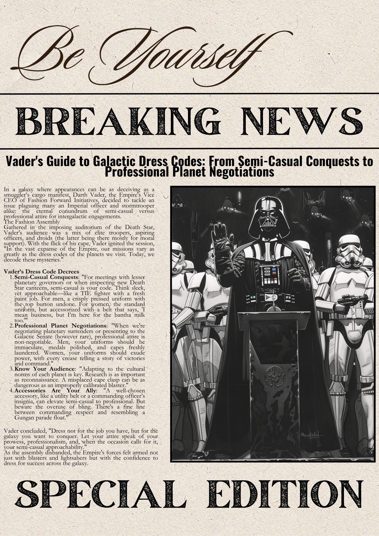 Vader's Guide to Galactic Dress Codes: From Semi-Casual Conquests to Professional Planet Negotiations