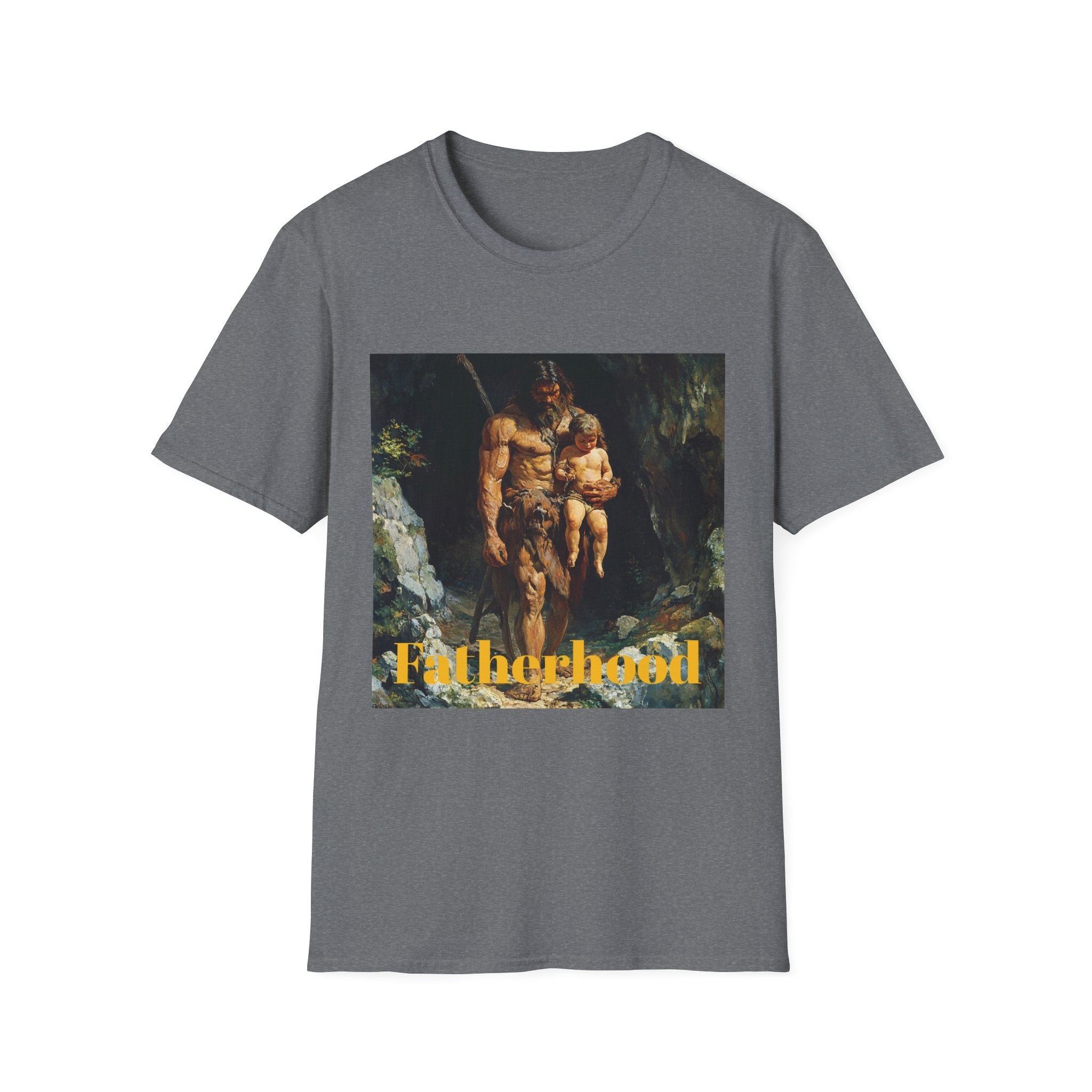 "Prehistoric Parenting: Caveman Caring Father Unisex Softstyle T-Shirt - A Nod to Timeless Fatherhood