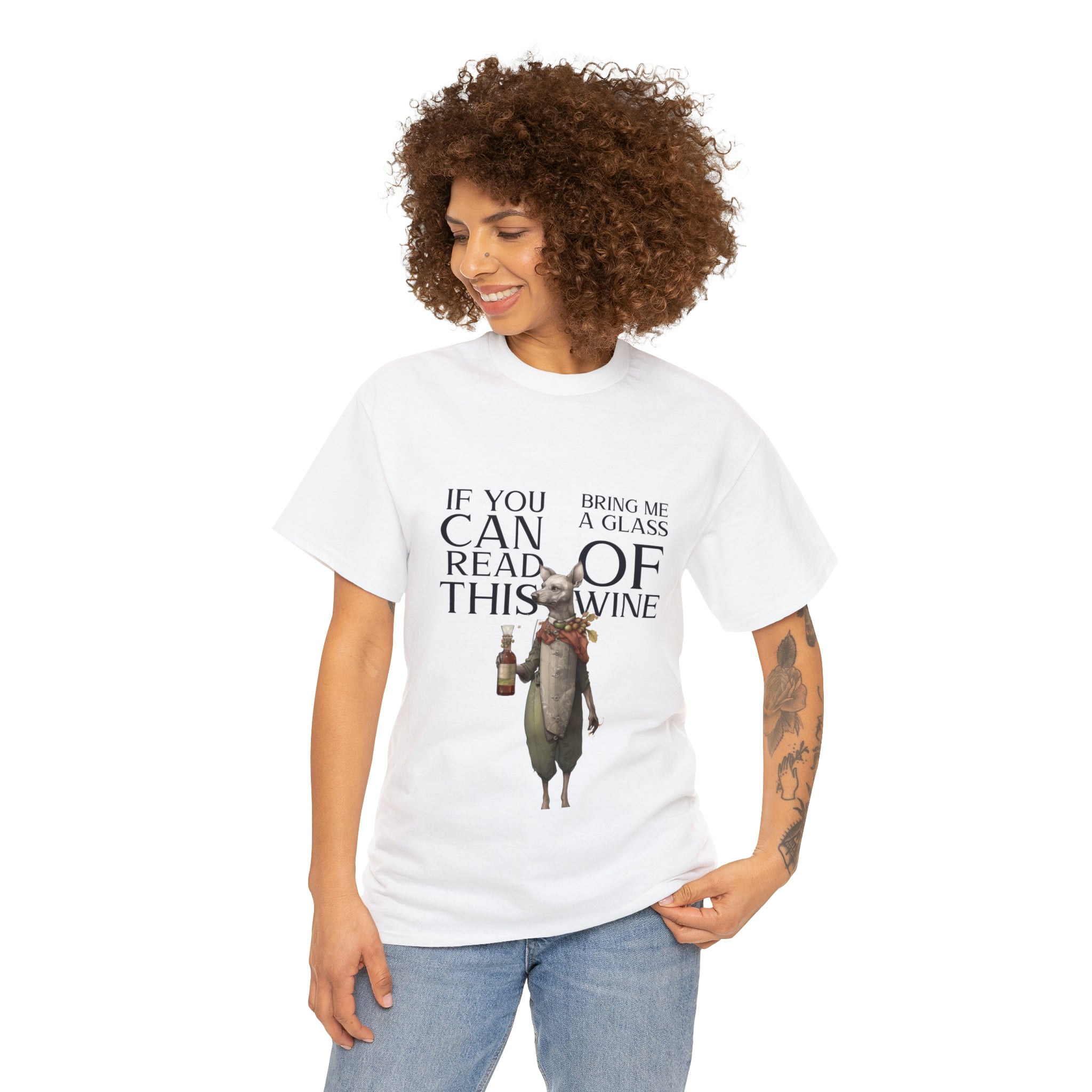 Women's Heavy Cotton Tee--"If You Can Read This Bring Me a Glass of Wine" T-Shirt for Her and Wine Lovers