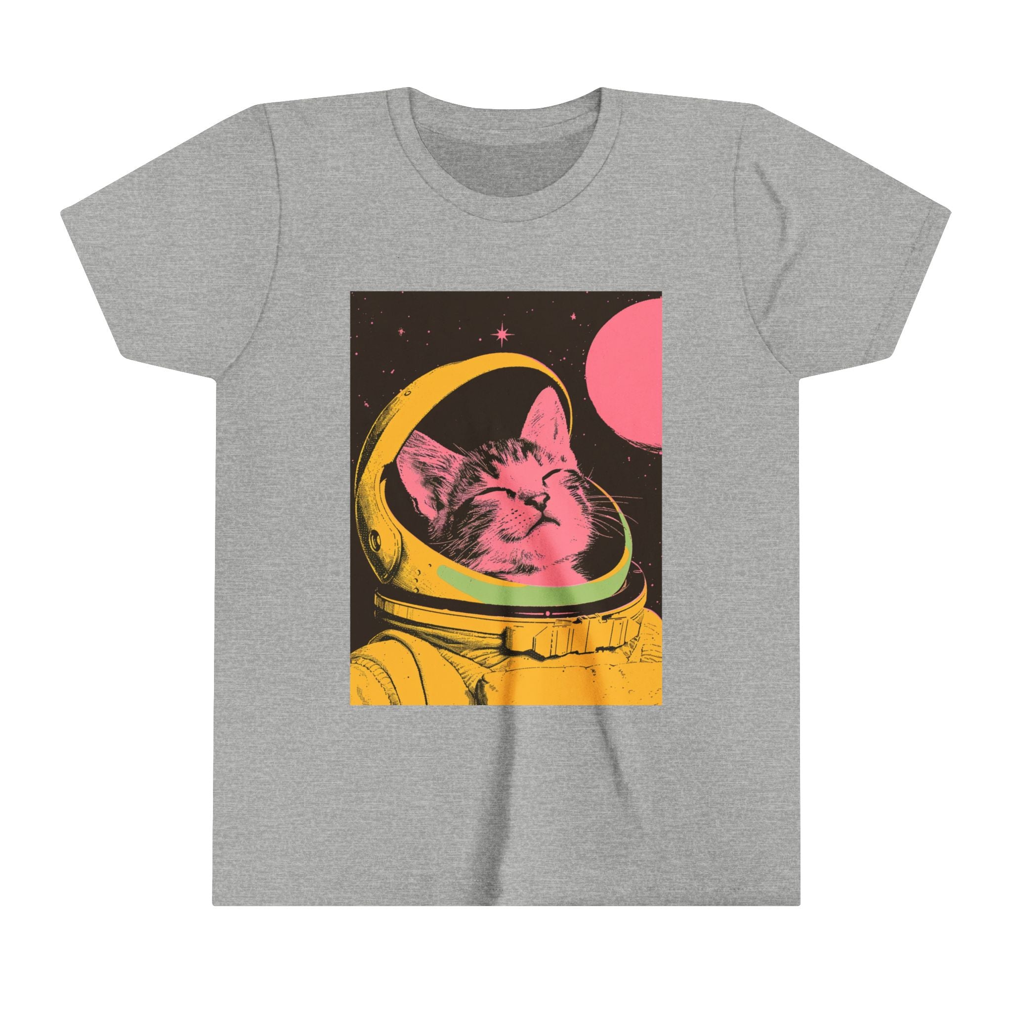 Cosmic Cool: Astronaut Cat Vintage Pop Art Youth Short Sleeve Tee - Bold Style for Young Explorers