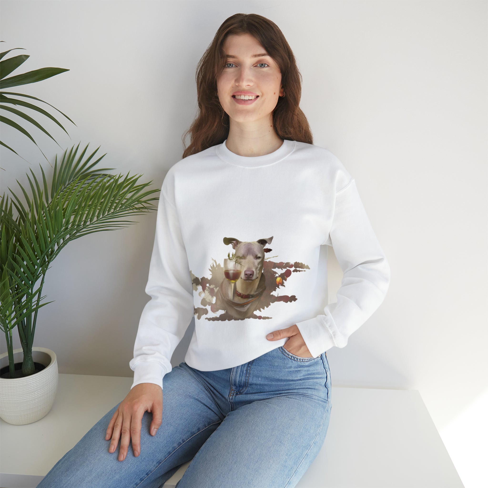 Women's Heavy Blend™ Crewneck Sweatshirt- "Pitbull and Wine" for Dog Lovers Pet Owners (Professional Art)