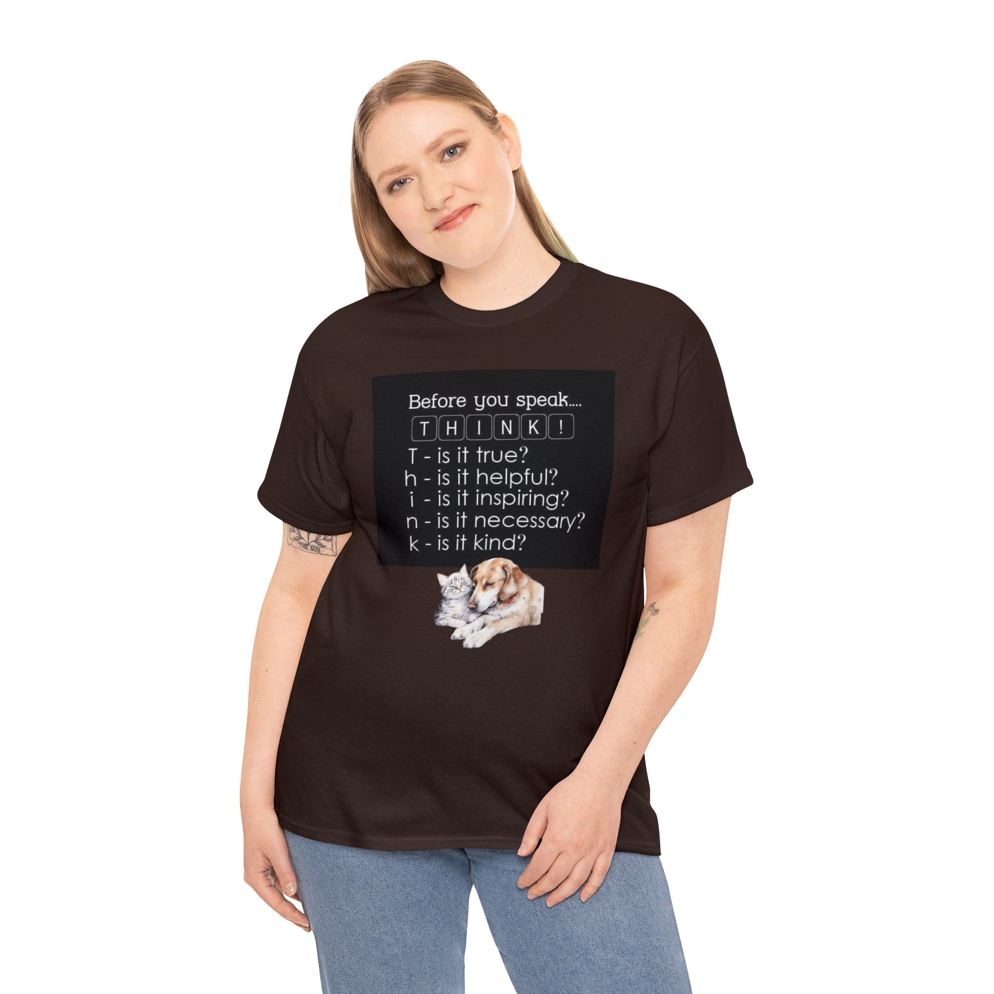 T.H.I.N.K Acronym Kindness Dog and Cat Comfy Friends Unisex Heavy Cotton Tee - Spread Positivity & Friendship