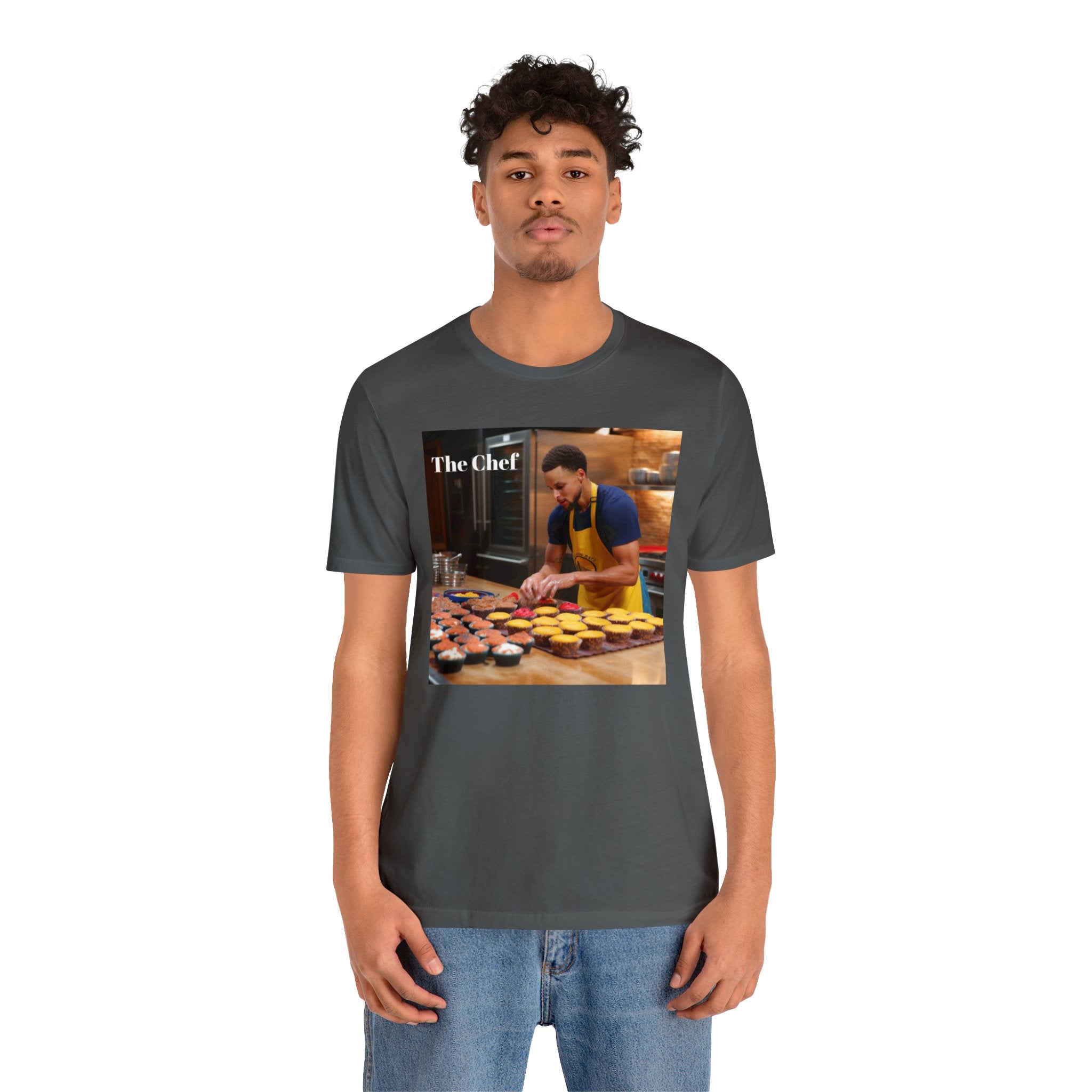 Chef Curry Cooking in the Kitchen Parody Tee: Professional Basketball Player Moonlighting as a Baker Cupcakes Design - Unisex Jersey Short Sleeve Tee for Sports and Baking Enthusiasts