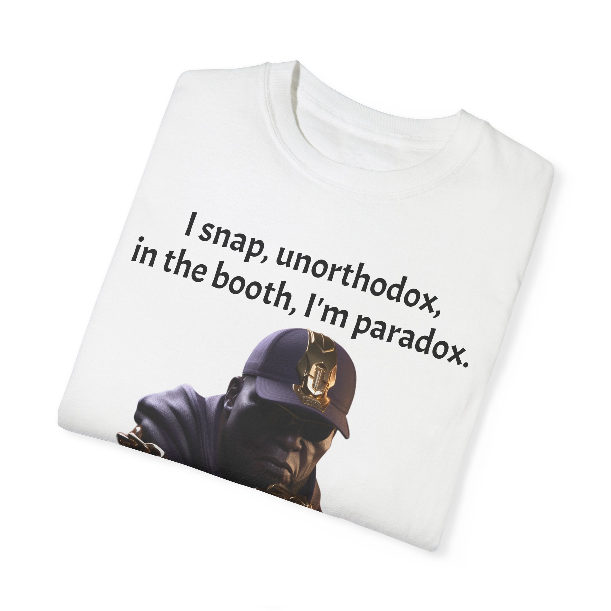 Lyrically Mad Titan T-Shirt: 'I Snap, Unorthodox, in the Booth, I'm Paradox' - Cosmic Warlord Inspired Hip Hop Unisex Garment-Dyed Tee for Urban Wear Enthusiasts