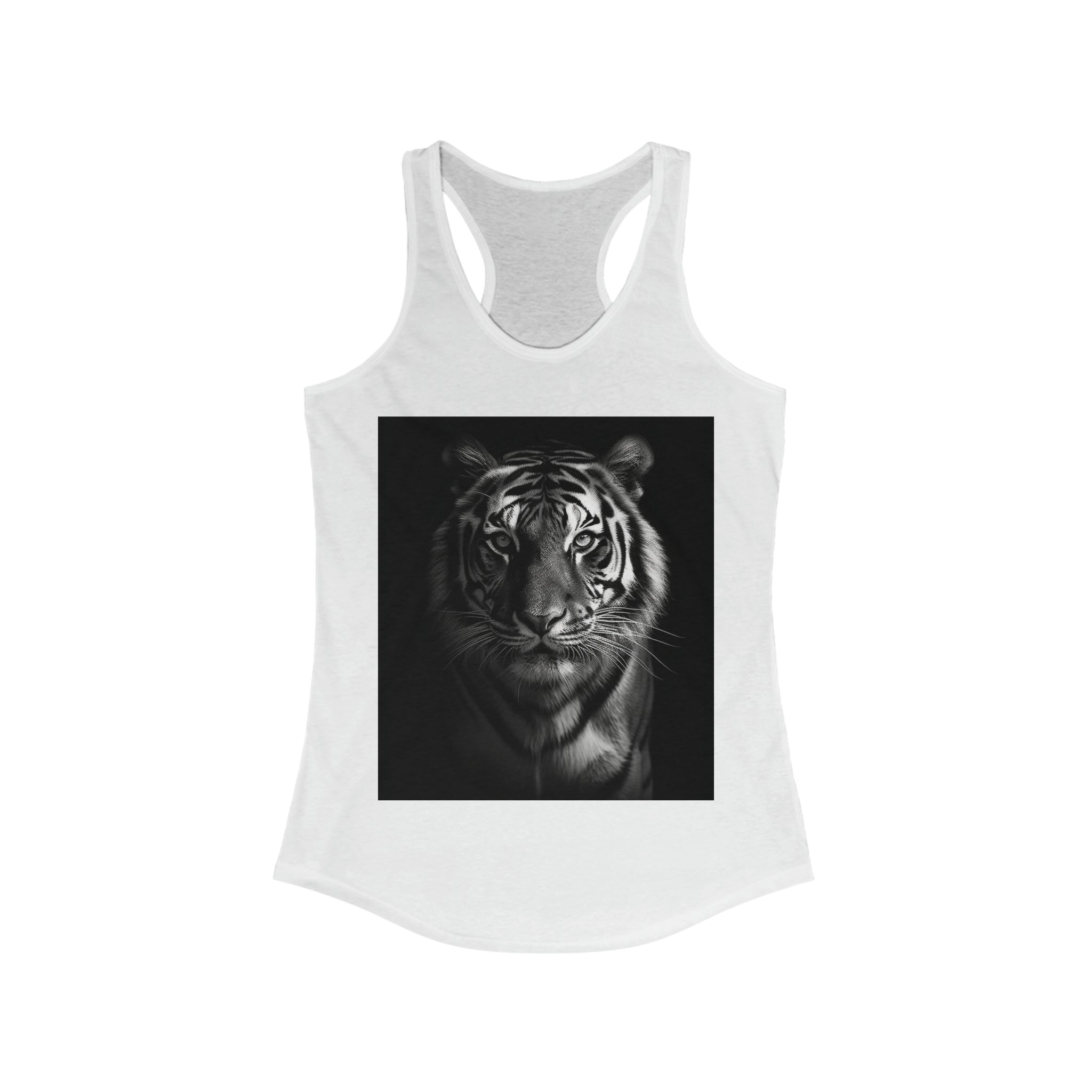 This image displays a sleek and stylish women's racerback tank top, featuring a vibrant and detailed design of a tiger's fierce gaze on the front. The tank top is crafted from high-quality, breathable fabric, showcasing its slim fit and the racerback cut that allows for optimal movement and comfort.