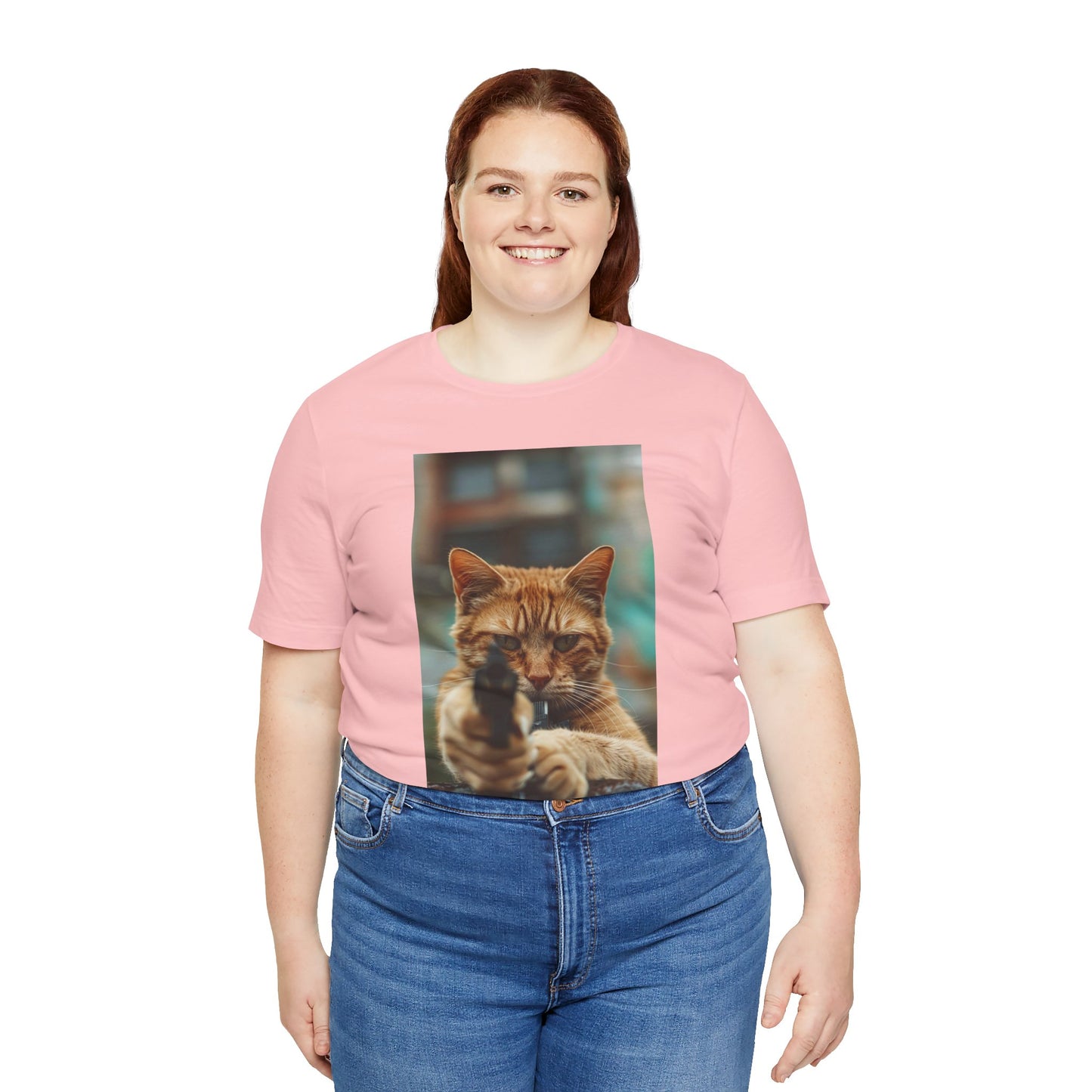 Stealth Paws: Feline Hitman Women's Jersey Short Sleeve Tee - Quirky Cat-Themed Apparel for Fashion-Forward Cat Lovers