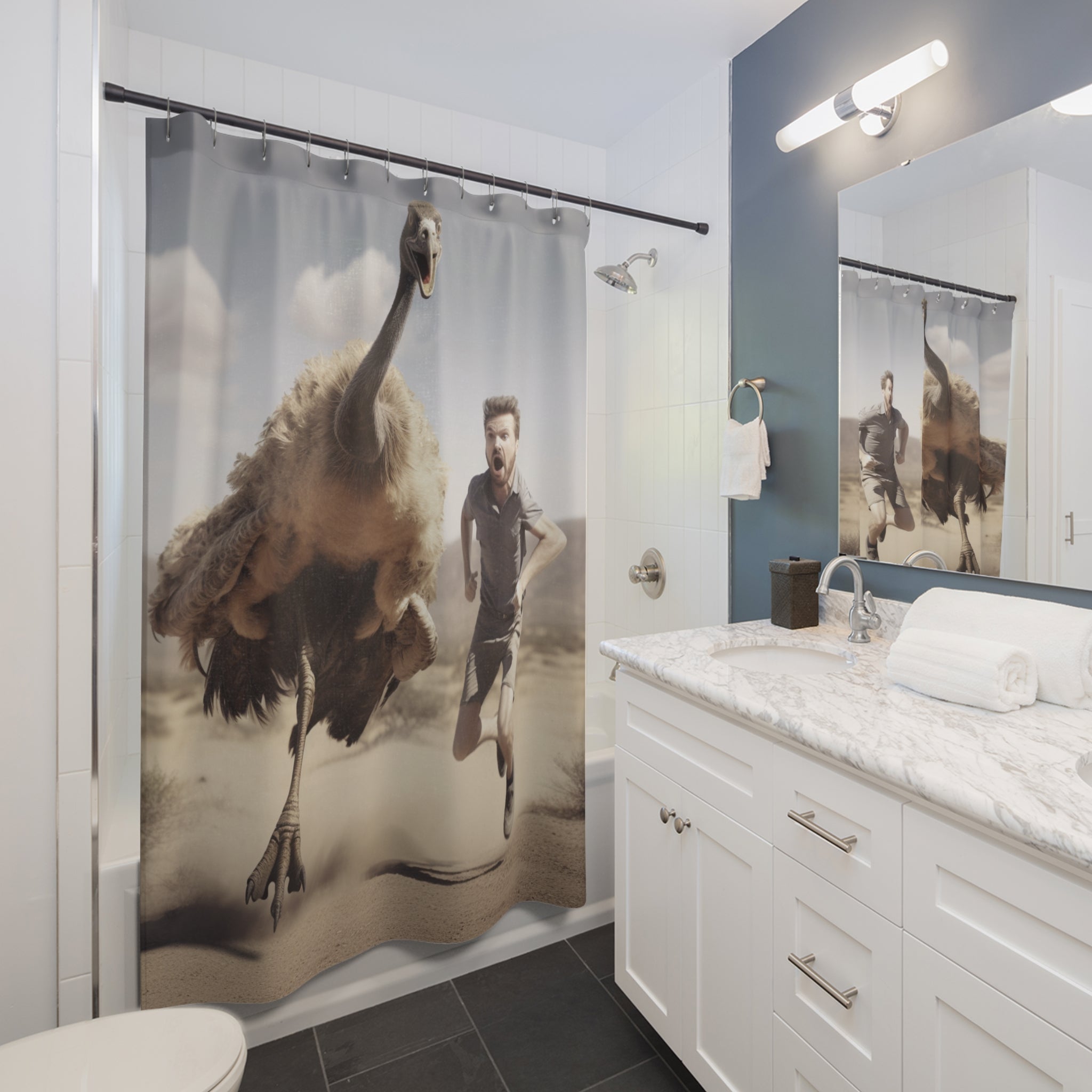 Escape from Prehistoric Terror: Man Running from Mean Big Bird - Humorous and Unique Shower Curtain Design | Funny Bathroom Decor