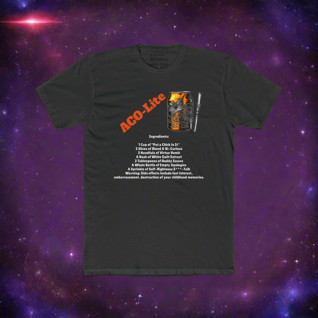 The image showcases a unisex cotton crew tee with a vibrant design featuring the Aco-Lite Cola logo in a space opera setting, highlighted by the "Extra Woke Edition" tagline. The shirt’s comfortable fit and high-quality cotton fabric are also emphasized, making it a must-have for those who love blending pop culture with satire.