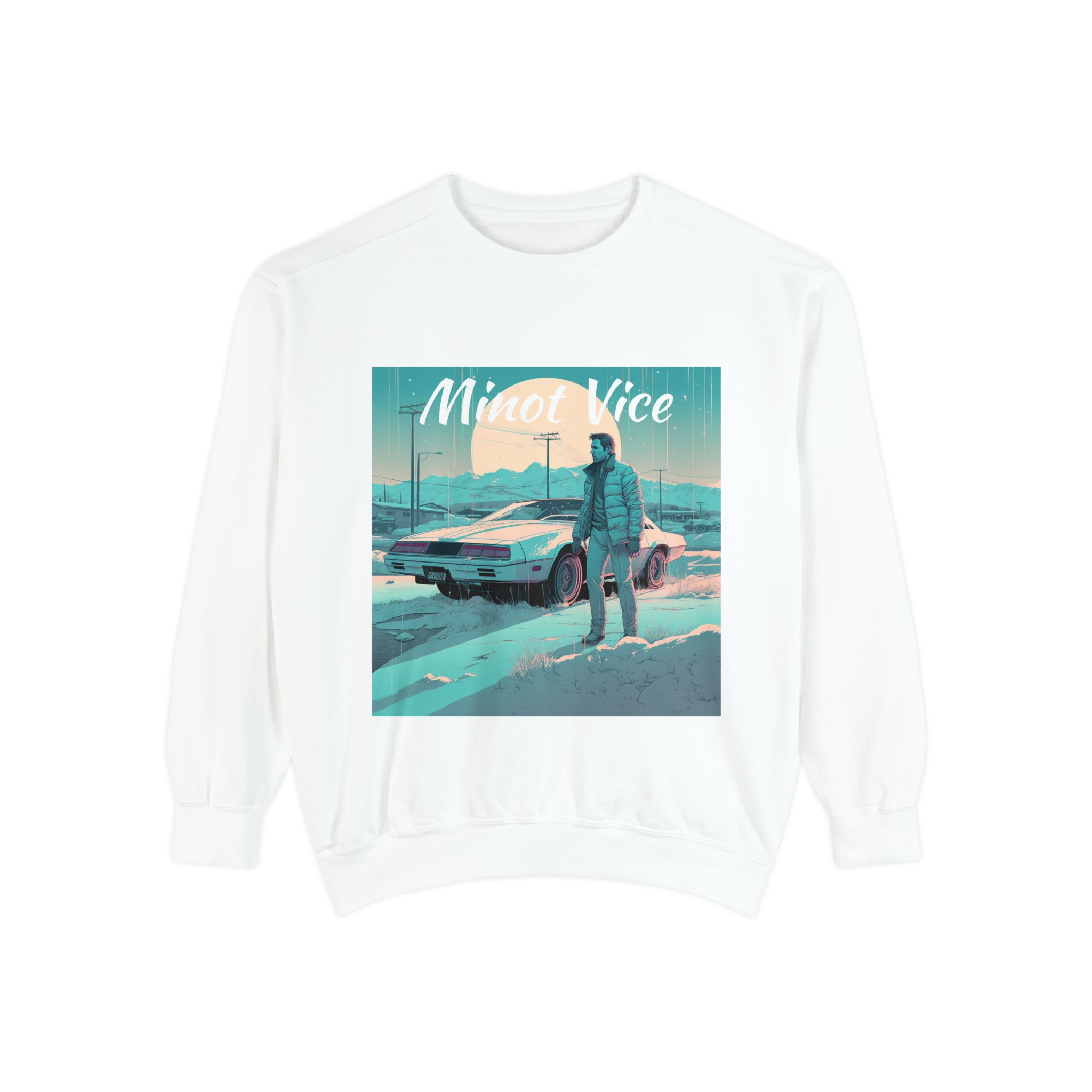 Unisex Garment-Dyed Sweatshirt-"Minot Vice" Cool Winter Art Wear For Family and Friends Professional Interpretation Parody