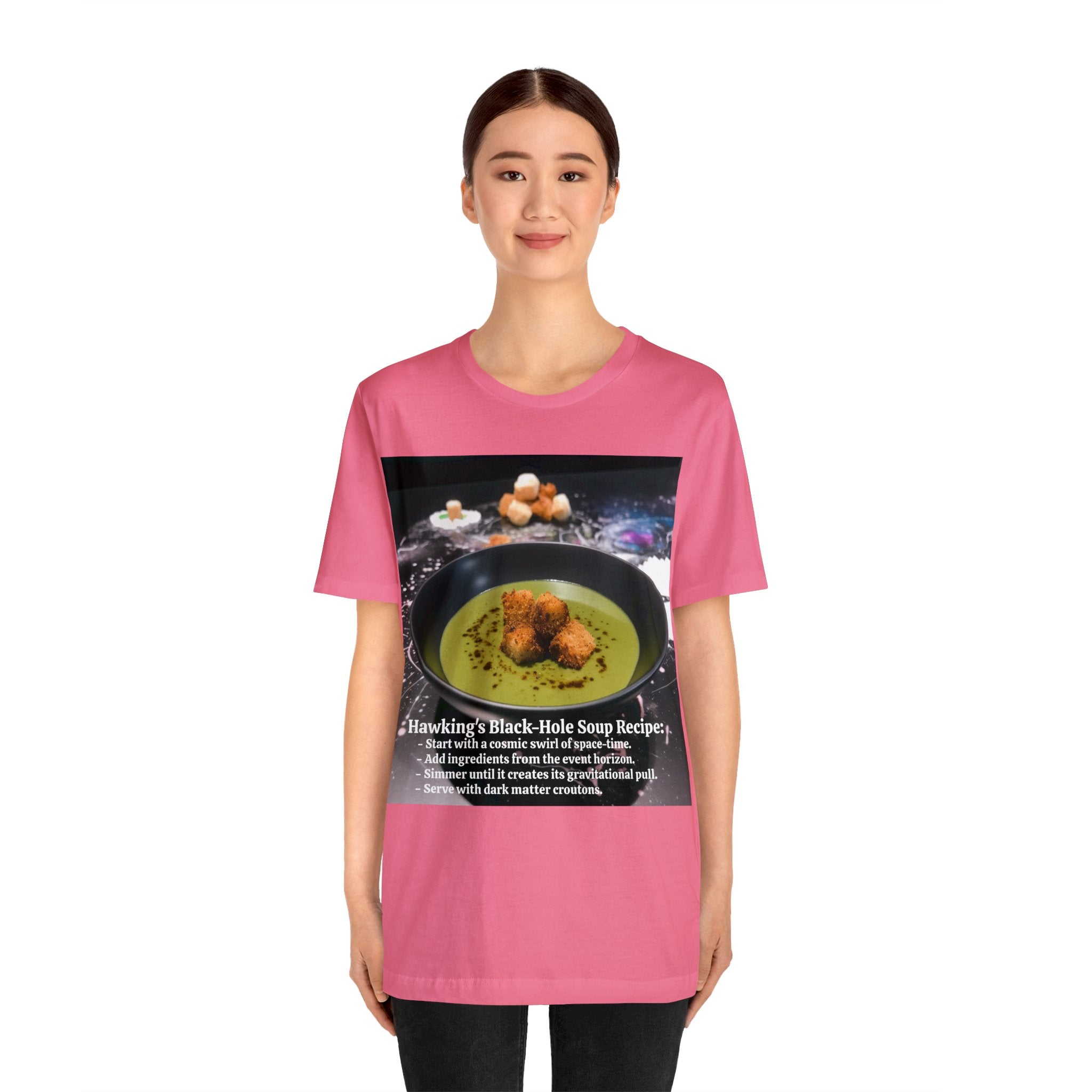 Show Your Charisma and Intellect with Hawking's Black-Hole Soup: A Cosmic Culinary Adventure Unisex Jersey Short Sleeve Tee