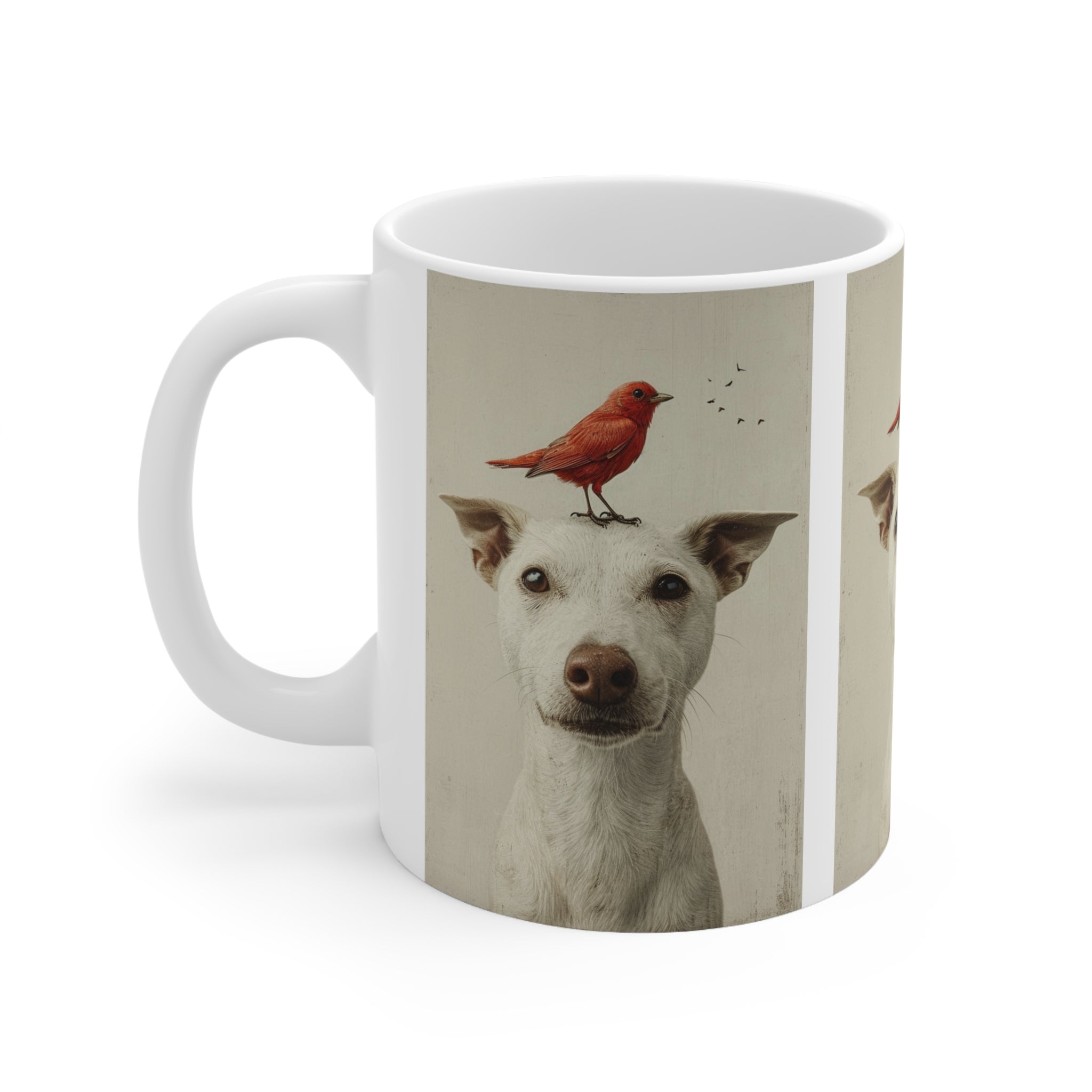 Happy Dog with Friendly Birddie Ceramic Mug 11oz - Adorable Animal Friendship Coffee