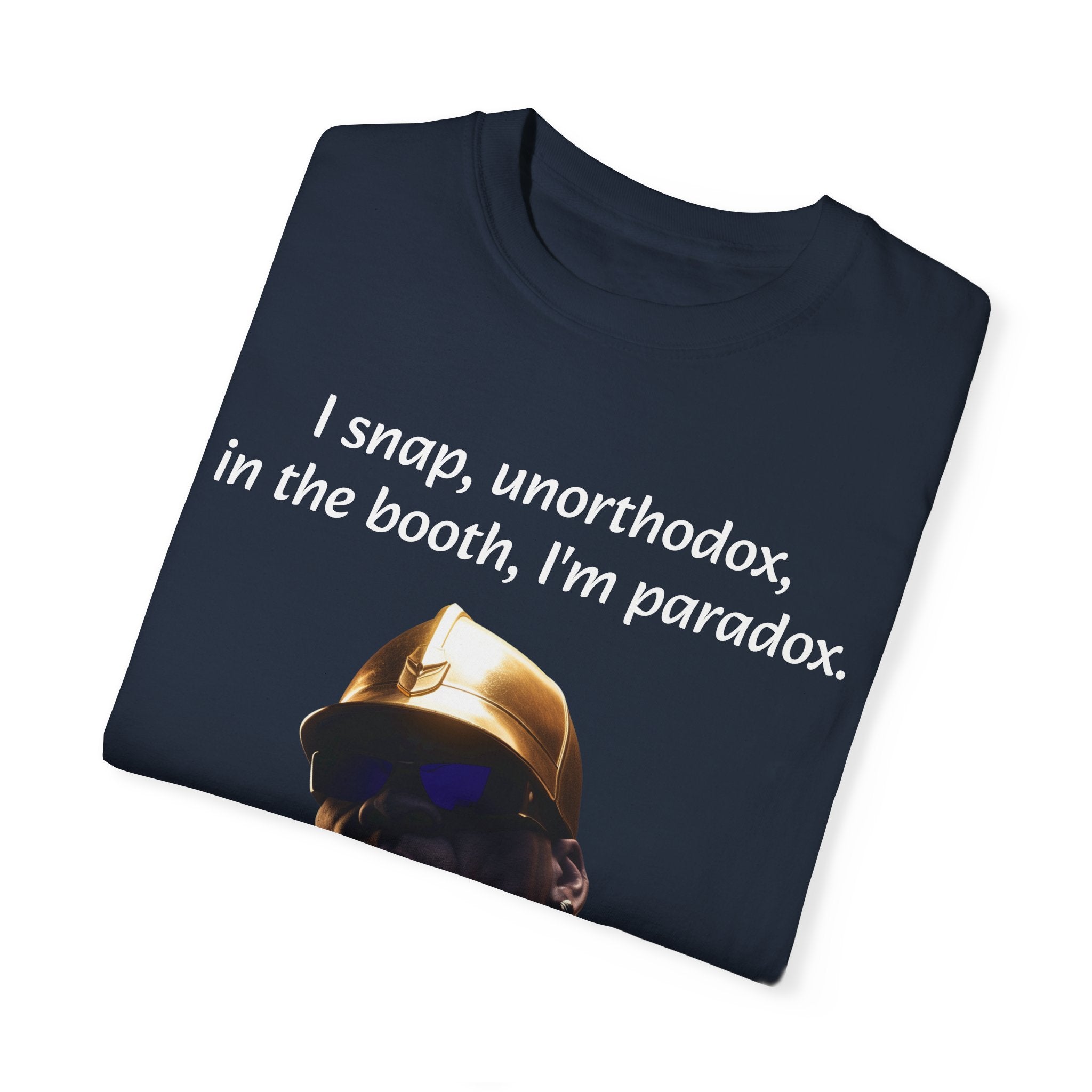 Lyrically Mad Titan T-Shirt: 'I Snap, Unorthodox, in the Booth, I'm Paradox' - Cosmic Warlord Inspired Hip Hop Unisex Garment-Dyed Tee for Urban Wear Enthusiasts