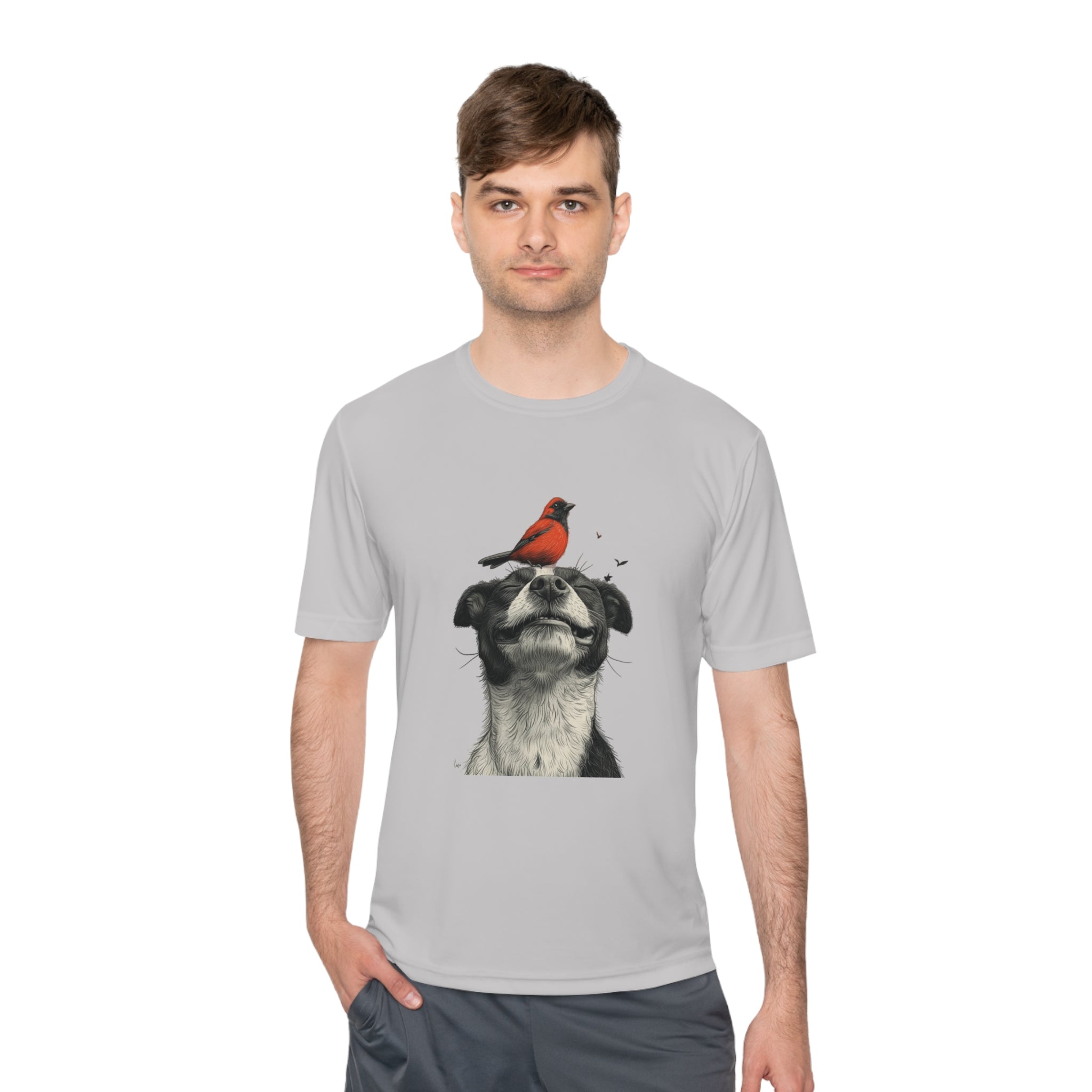 Perfect for Casual Fridays! Dog and Bird Pals Unisex MoistuDog and Bird Pals Unisex Moisture Wicking Tee - Comfortable and Stylish Apparel for Animal Loversre Wicking Tee - Comfortable and Stylish Apparel for Animal Lovers