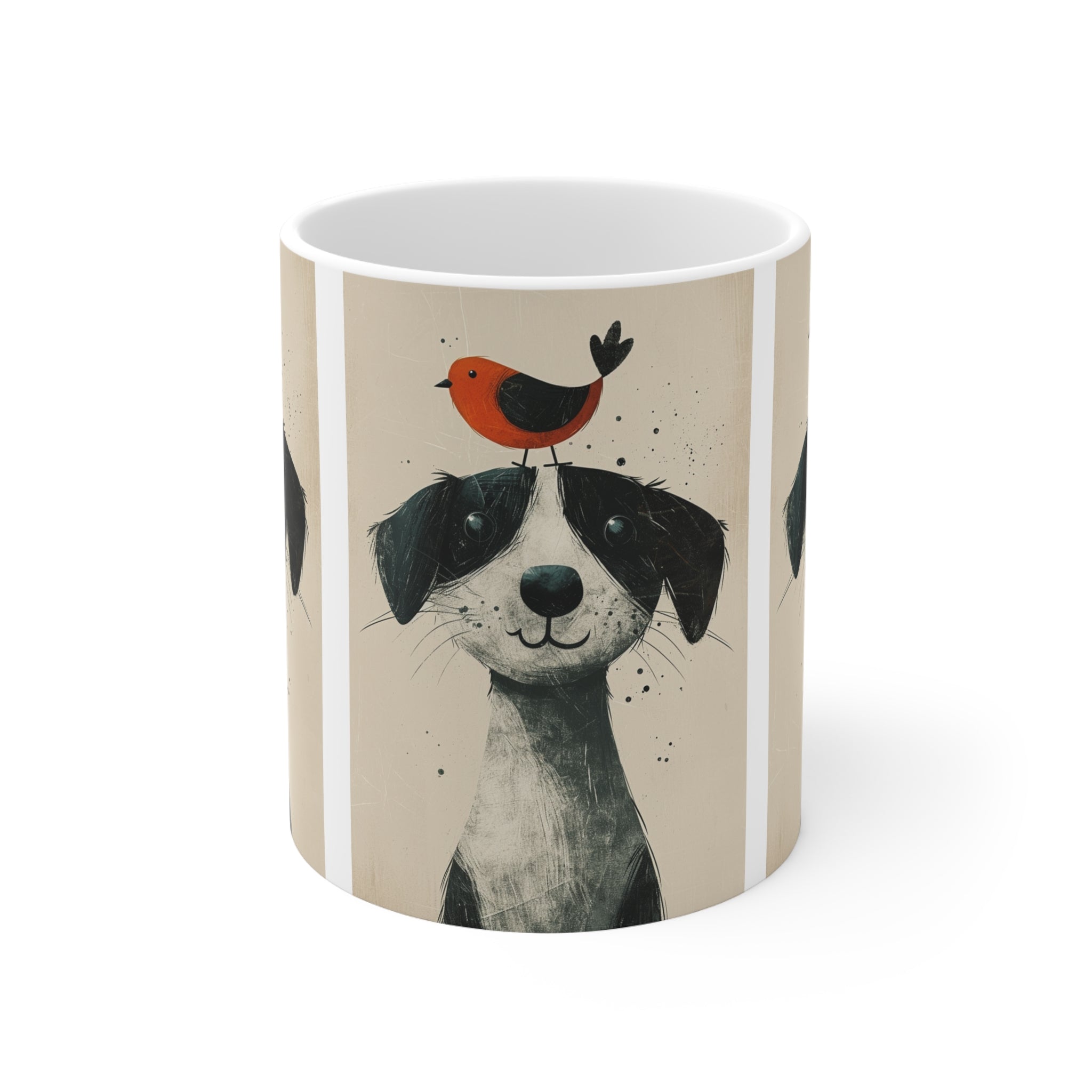 Coffee Drinkers and Dog Lovers Happy Dog with Friendly Birddie Ceramic Mug 11oz - Cute Animal Friendship Coffee Cup for Relaxing Mornings and Tea Afternoon Bliss
