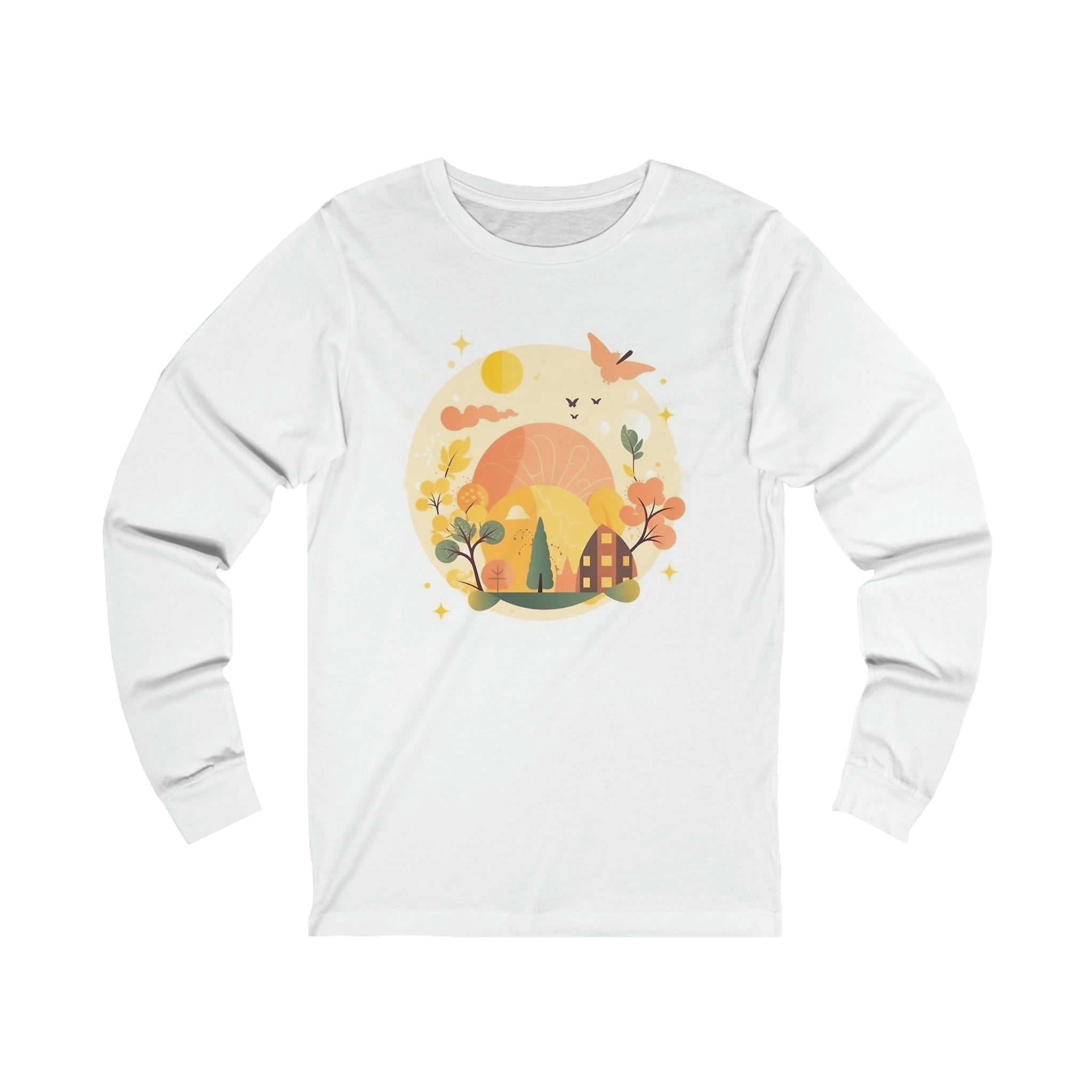 Unisex Jersey Long Sleeve Tee-Sunny Dawn Beautiful Illustration of Colorful Wildlife Great Gift for Him/Her