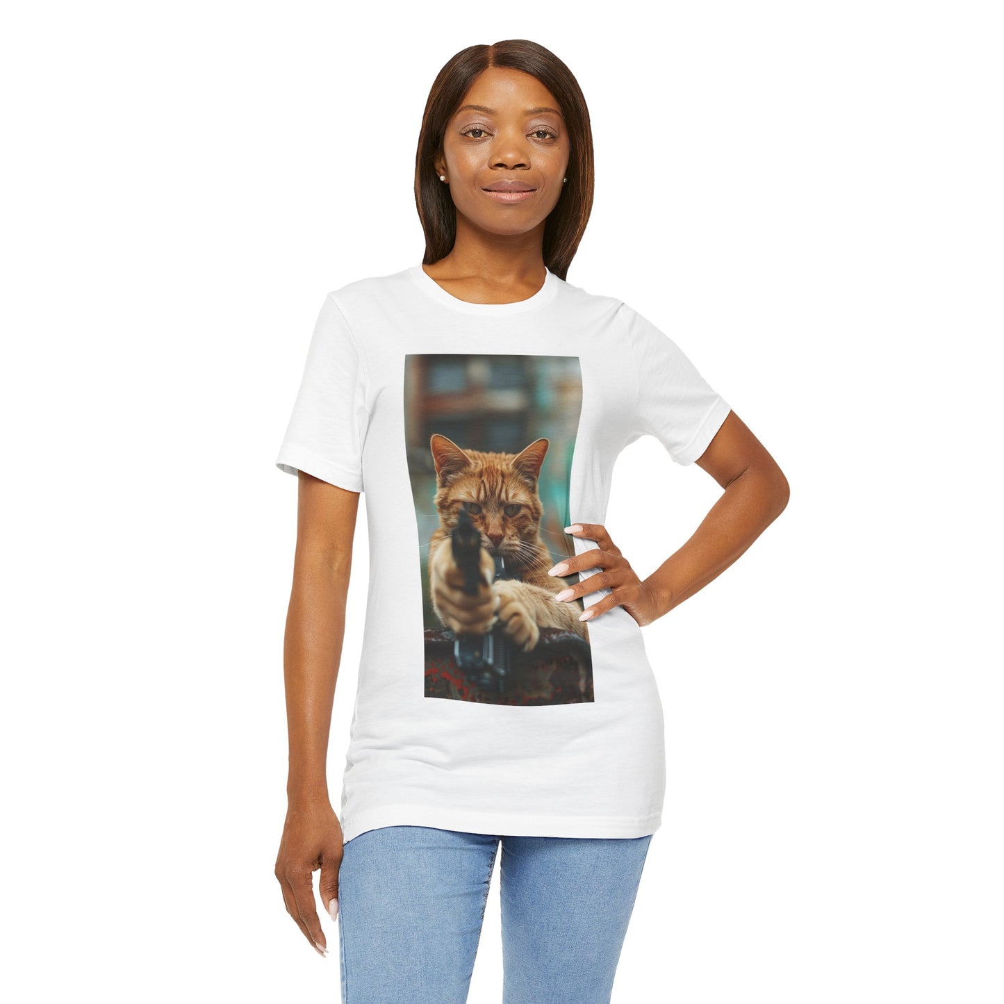 Stealth Paws: Feline Hitman Women's Jersey Short Sleeve Tee - Quirky Cat-Themed Apparel for Fashion-Forward Cat Lovers