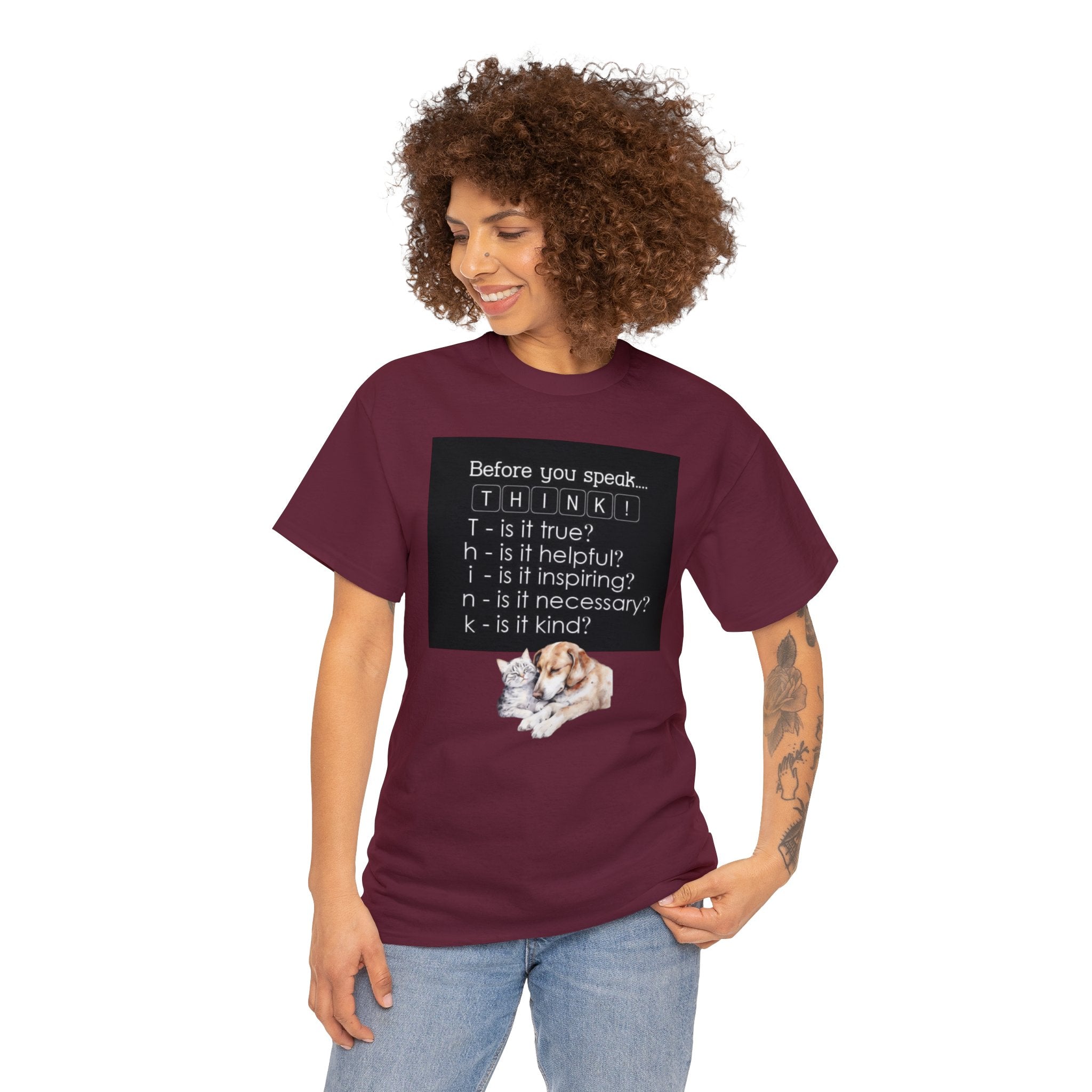 T.H.I.N.K Acronym Kindness Dog and Cat Comfy Friends Unisex Heavy Cotton Tee - Spread Positivity & Friendship