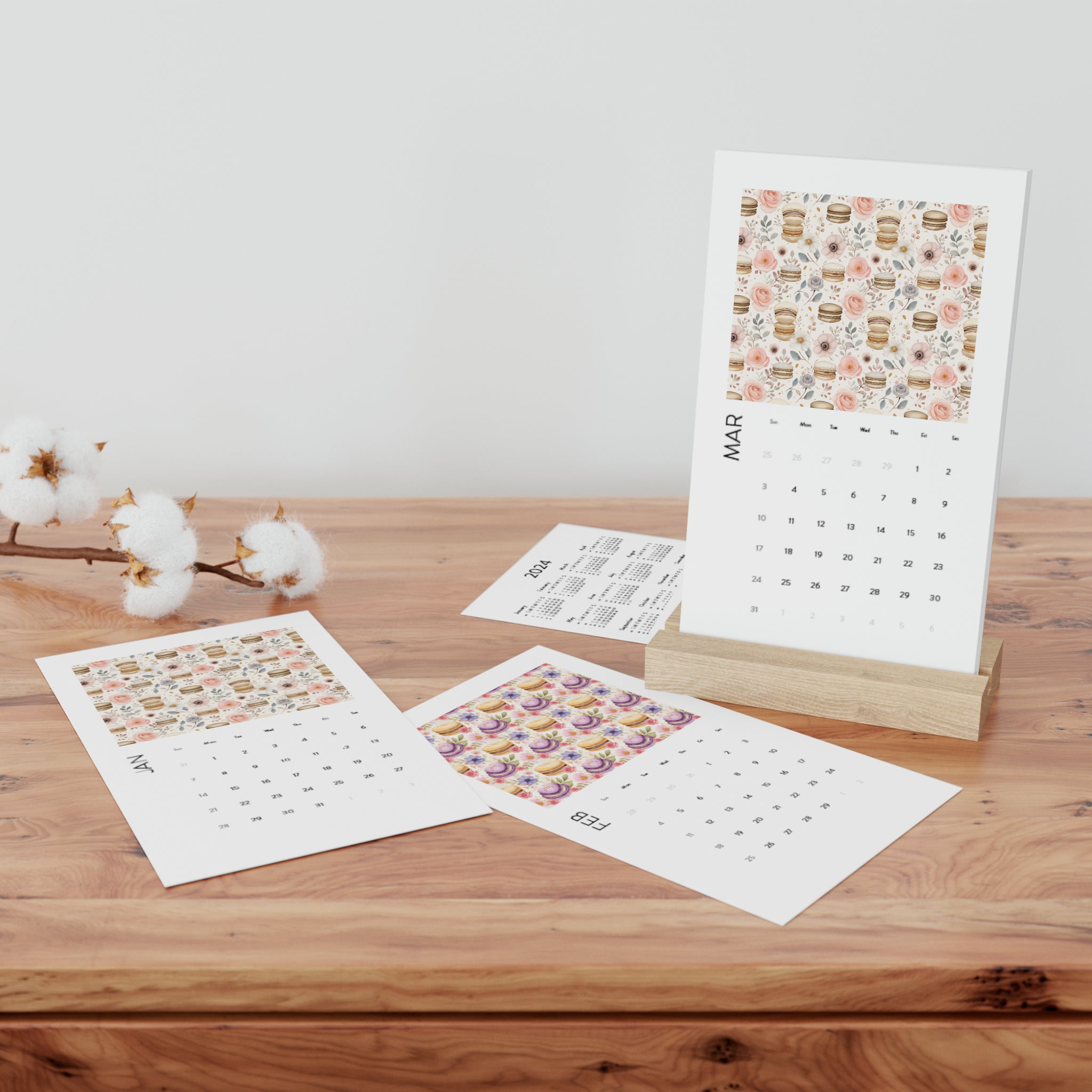 2024 Macaroon Lover Rain Floral Vertical Desk Calendar - A Sweet Year Ahead with Delightful Pastry and Blossom Designs