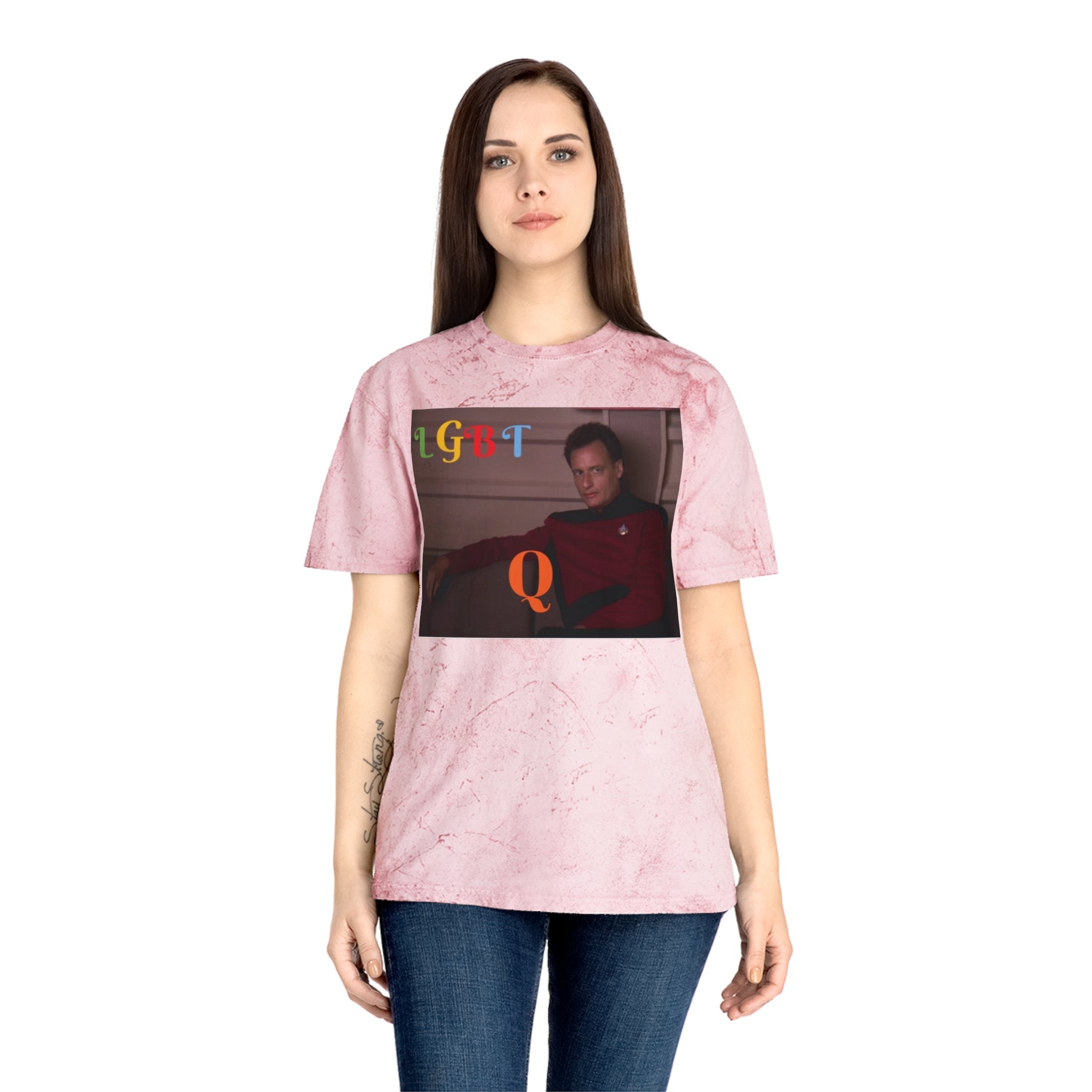 LGBTQ Unisex Color Blast T-Shirt with Star Trek's Q", "Inclusive Sci-Fi TV Show Merchandise