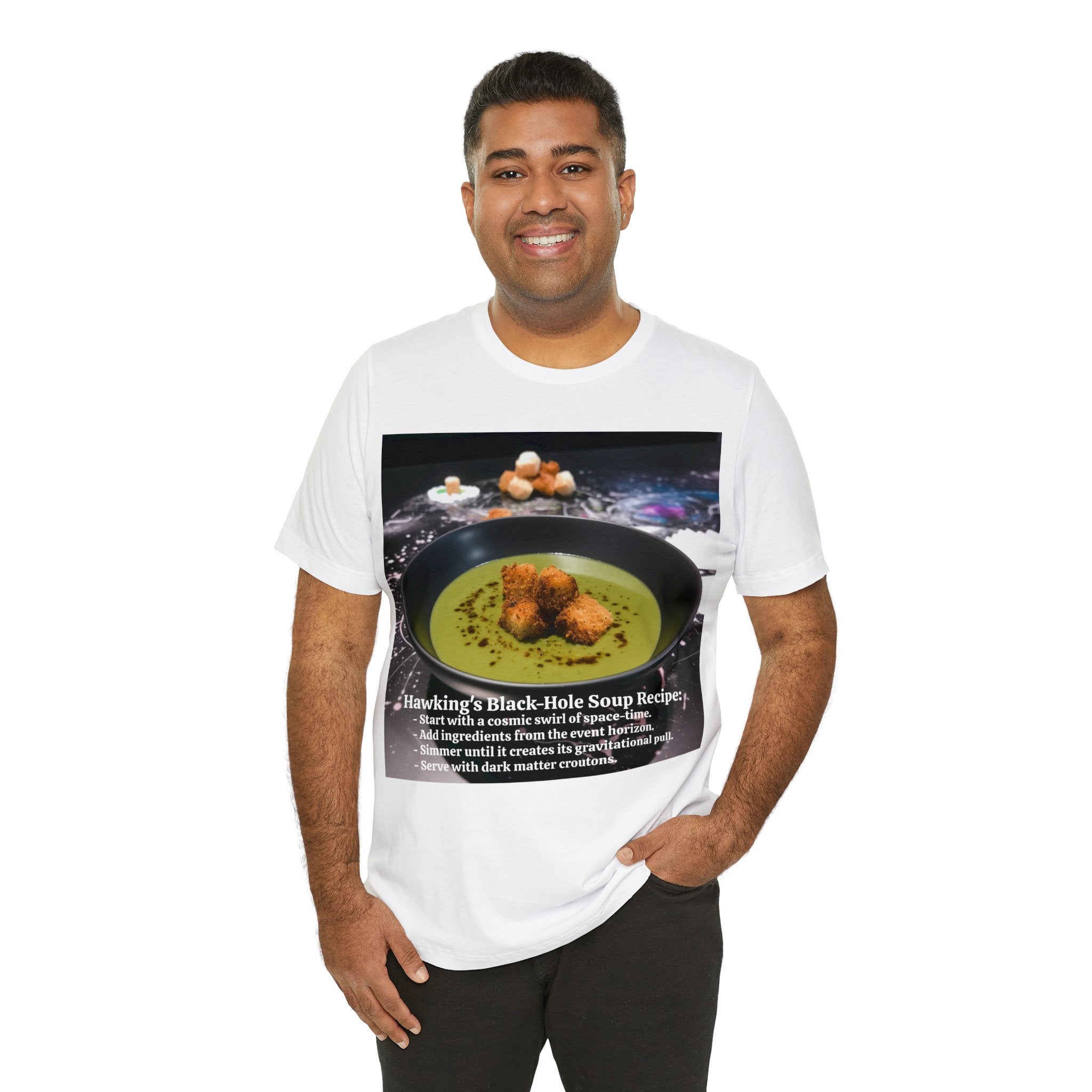 Show Your Charisma and Intellect with Hawking's Black-Hole Soup: A Cosmic Culinary Adventure Unisex Jersey Short Sleeve Tee