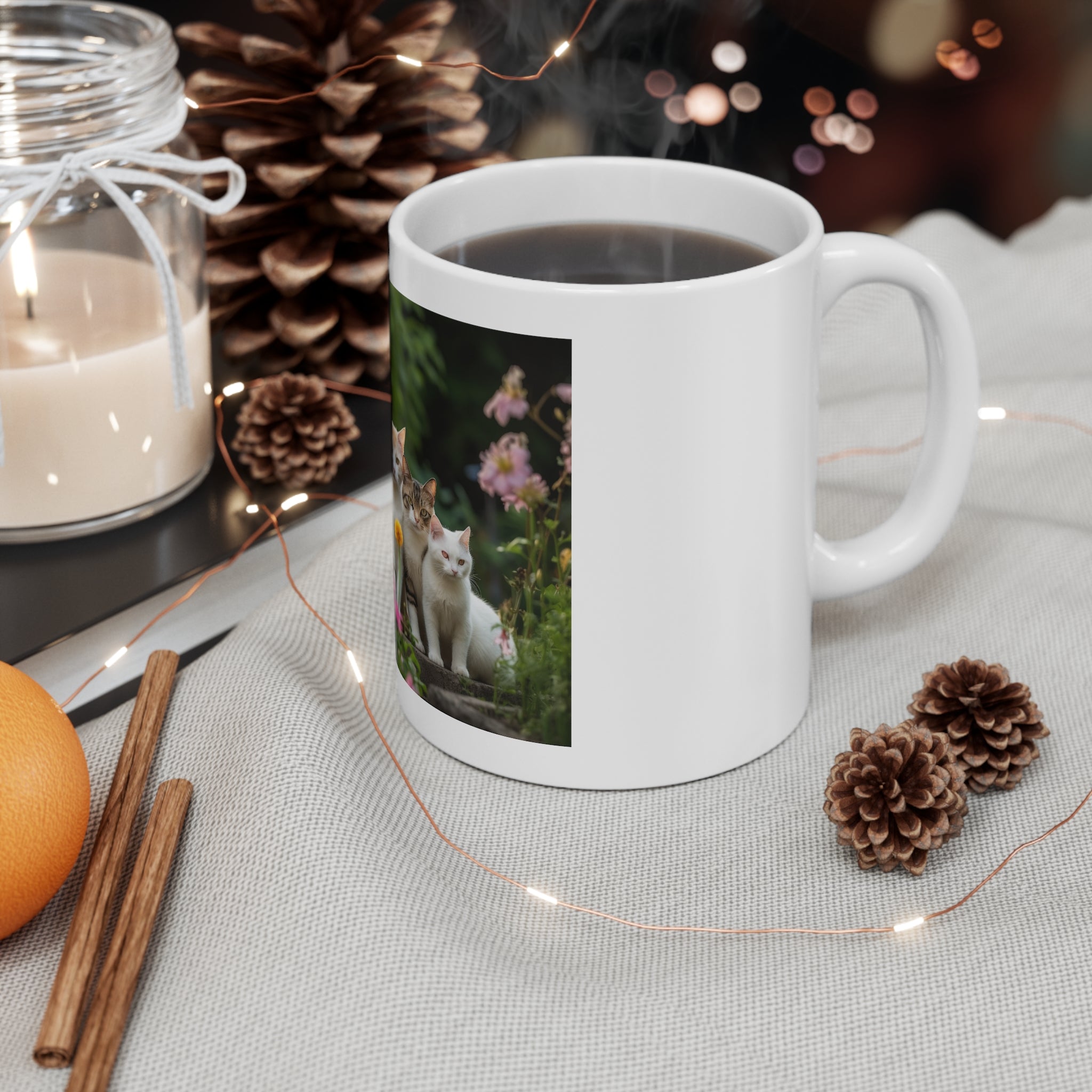 Photorealistic Cats Ceramic Mug - Whiskers in Wonderland - Colorful Garden Design - Colorful Garden Coffee Cup