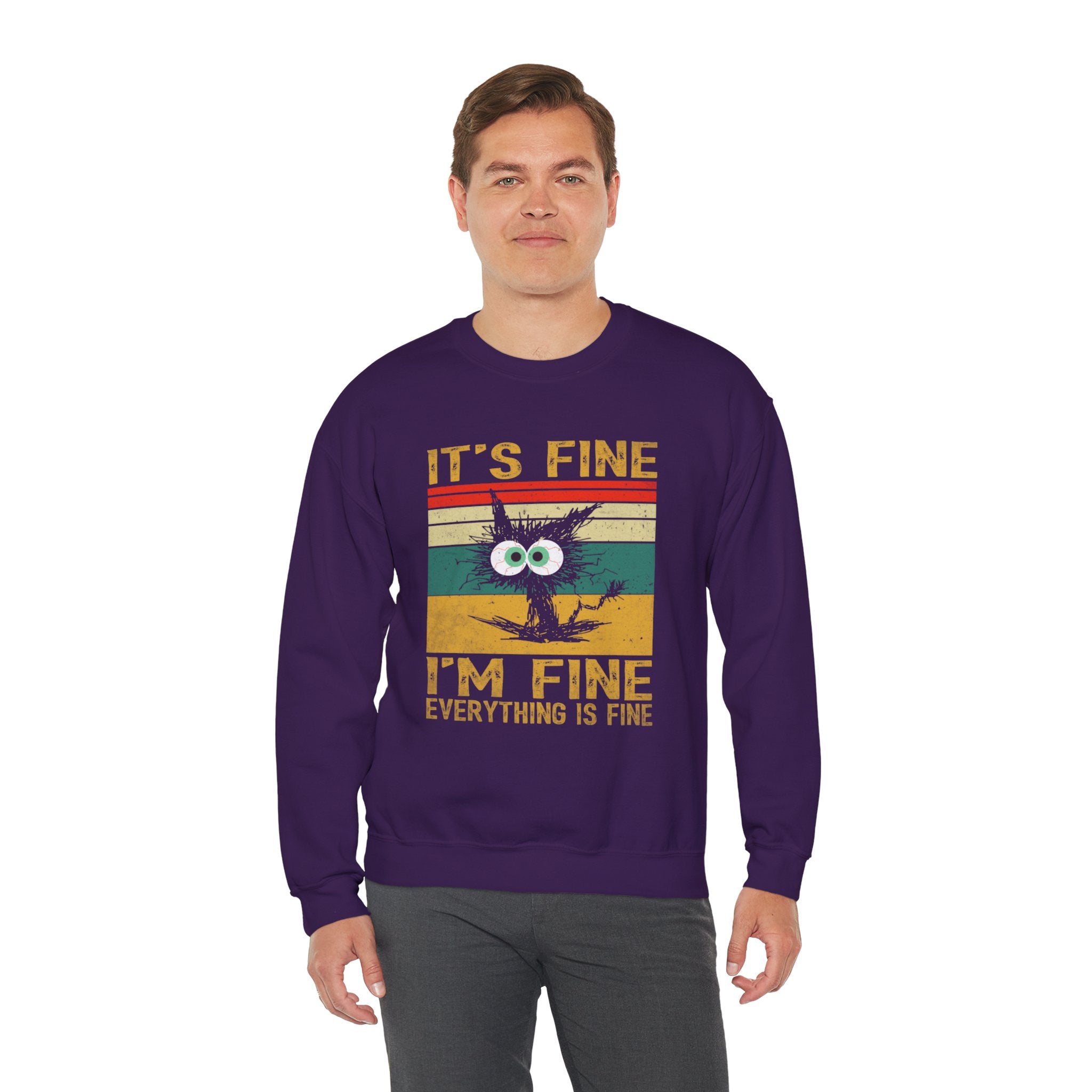 "It's Fine. I'm Fine. Everything is Fine." Funny Disheveled Cat Unisex Heavy Blend™ Crewneck Sweatshirt - Humor & Comfort Combined