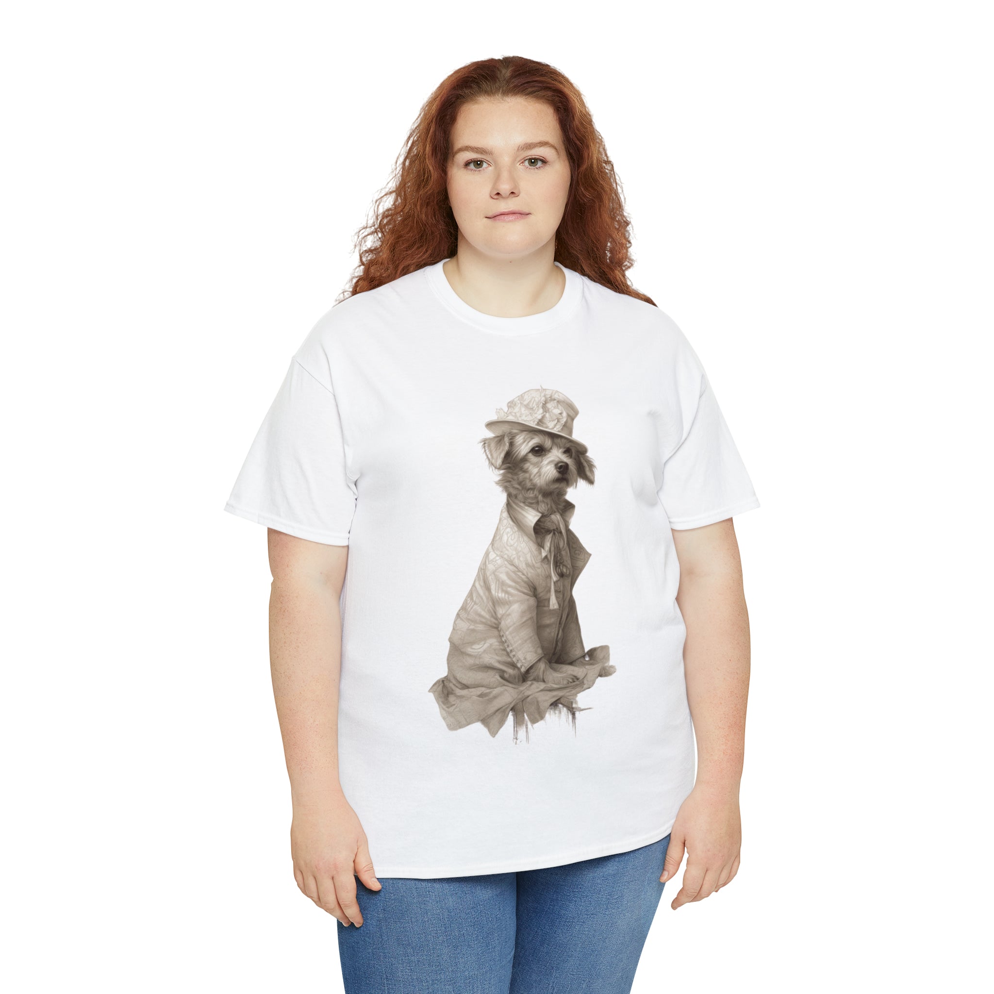 Unisex Heavy Cotton Tee-Distinguished Canine Tramp" Unisex Heavy Cotton Tee - Pencil Drawn Art with Floral Accents