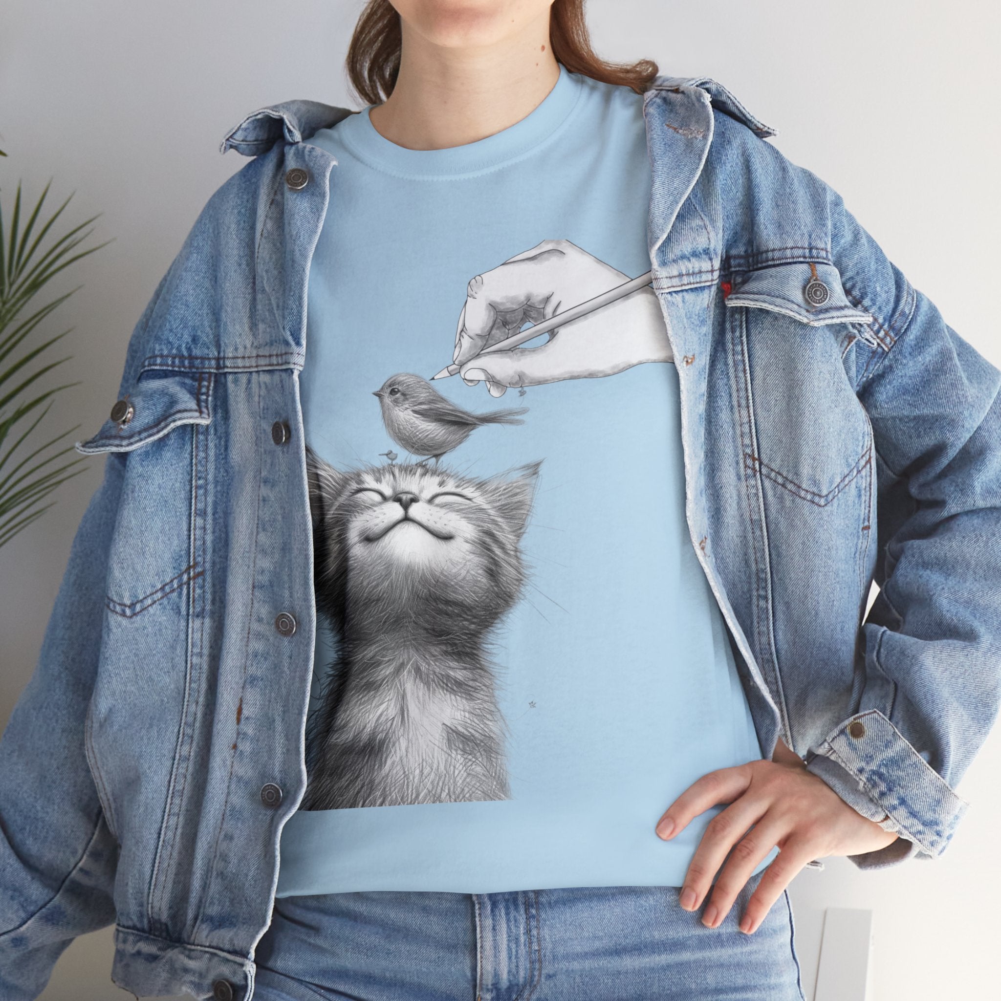 Cute Top for Artist Gift Women's Discover Artistic Elegance: Sketch Hand Drawing Bird and Cat Friendship Unisex Heavy Cotton Tee - Unique Design for Art Enthusiasts