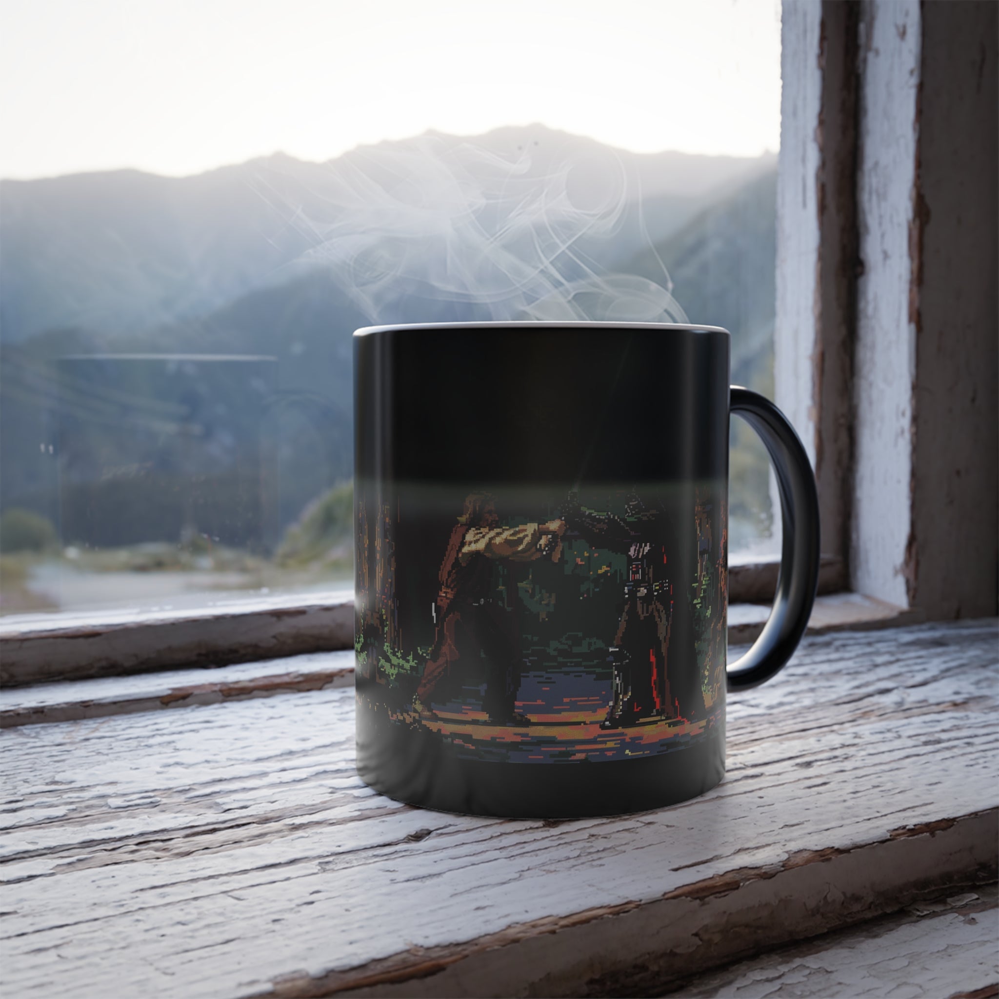 The image features an 11oz ceramic mug that appears black at room temperature. As a hot beverage is added, the mug reveals a dynamic, 16-bit style design inspired by the Dark Lord's journey and the infamous Order 66, capturing the essence of his quest to extinguish the light.