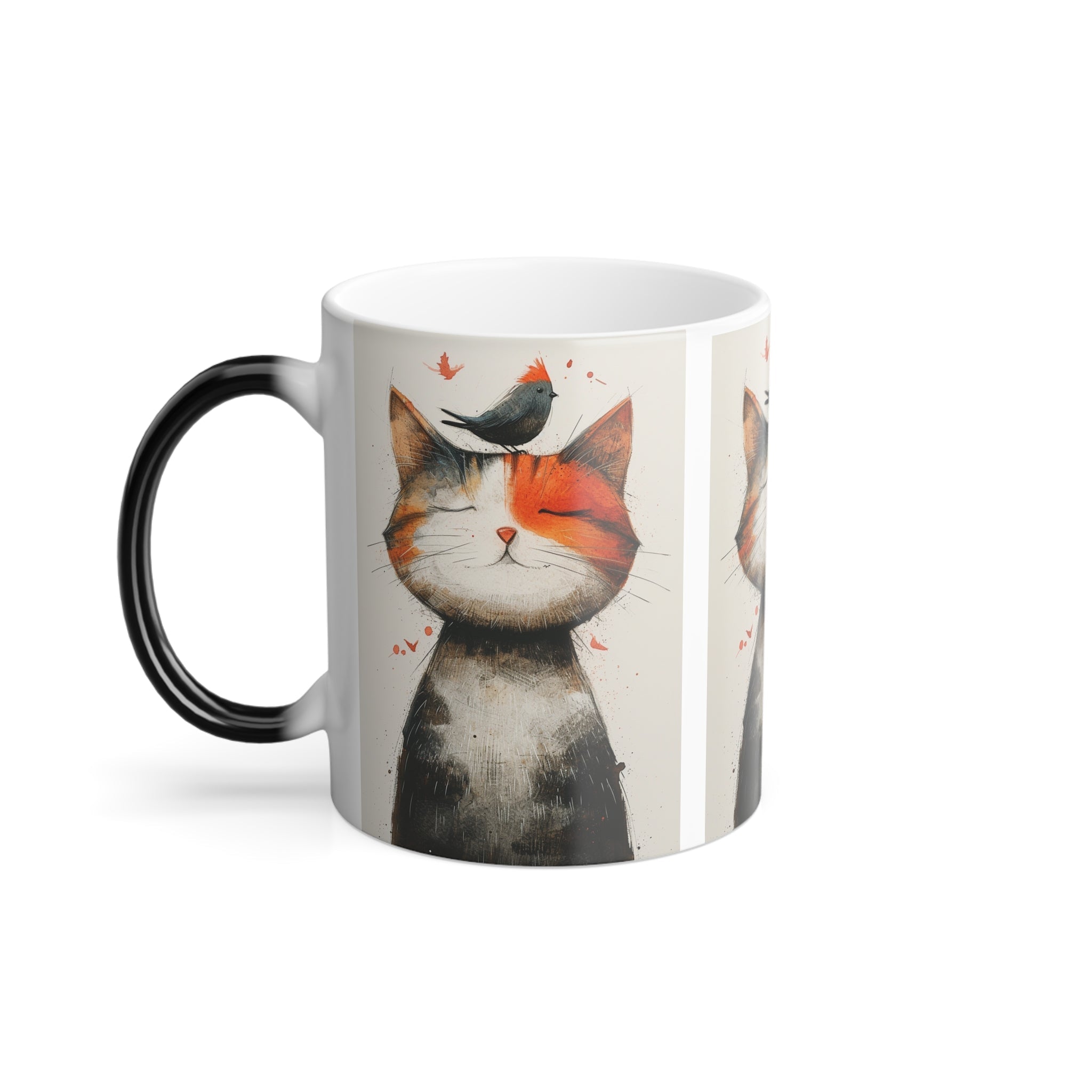 Combo Set 🐱🐦 Cat and Trusting Red Sparrow Friend Color Morphing Mug and Gratitude Journal - 11oz | Magic Heat-Changing Ceramic Cup for Cat Lovers | Unique Color-Shift Coffee Mug