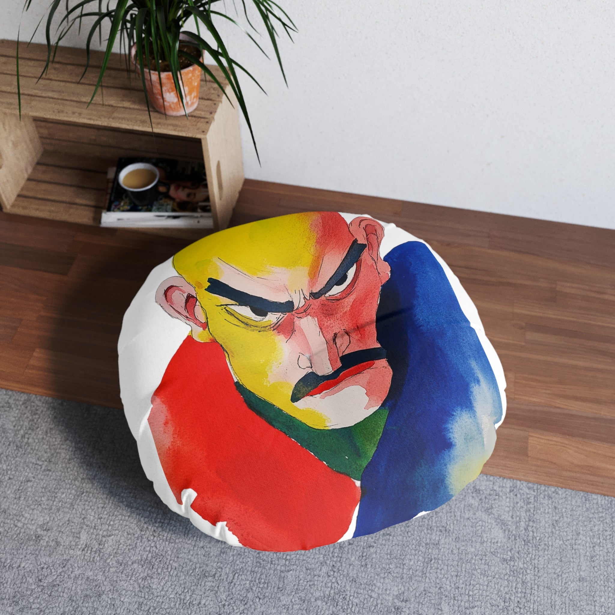 Fierce Focus: Japanese Man Determined Face Round Floor Pillow - Add Strength to Your Space