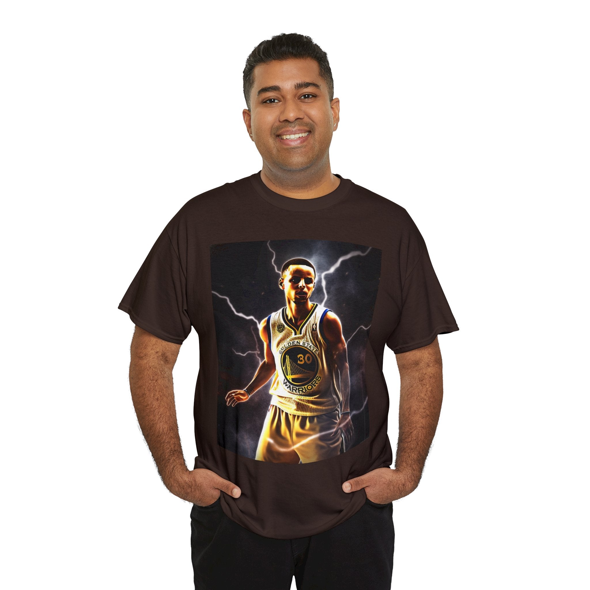 This image features a high-quality, heavy cotton unisex t-shirt in a classic cut. The design prominently displays an artistic representation of a 3-point shot, inspired by Steph Curry's iconic playing style, set against a background that hints at the dynamism and energy of basketball.