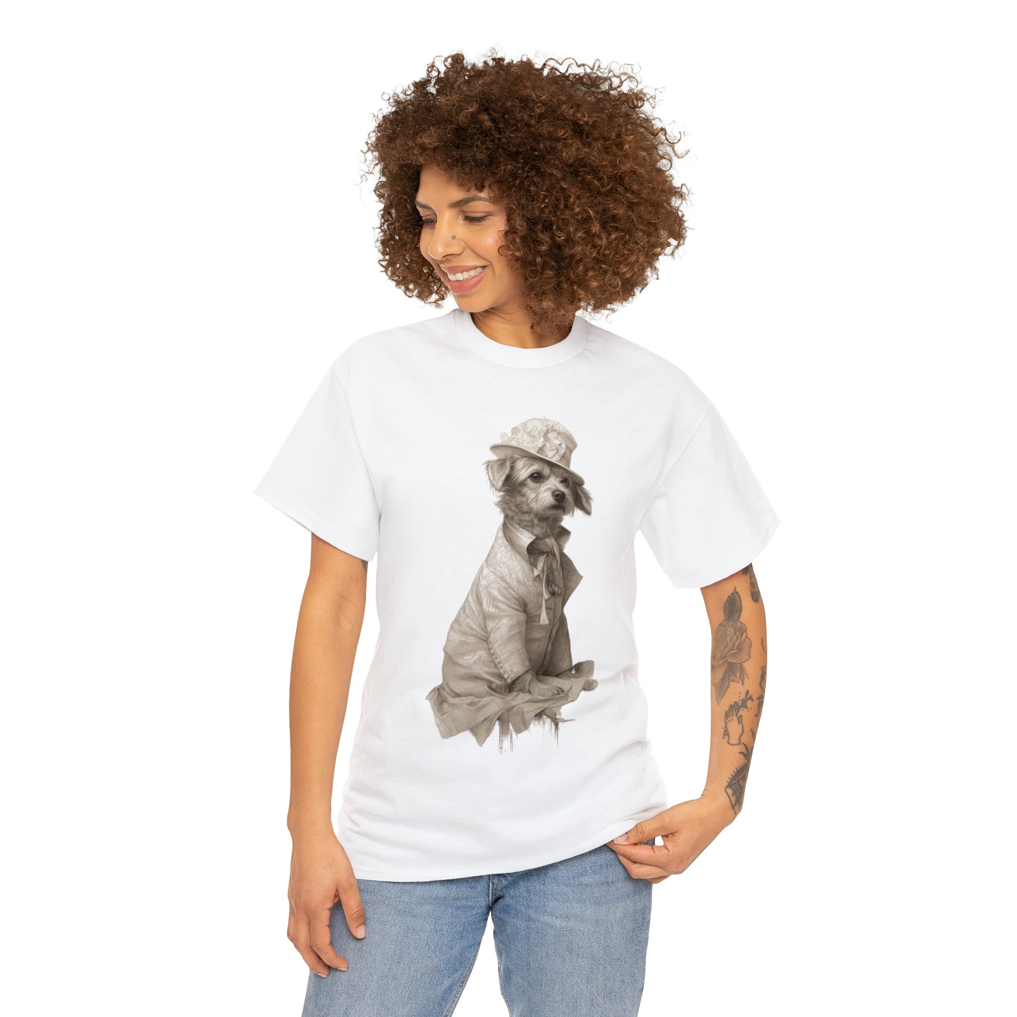 Unisex Heavy Cotton Tee-Distinguished Canine Tramp" Unisex Heavy Cotton Tee - Pencil Drawn Art with Floral Accents