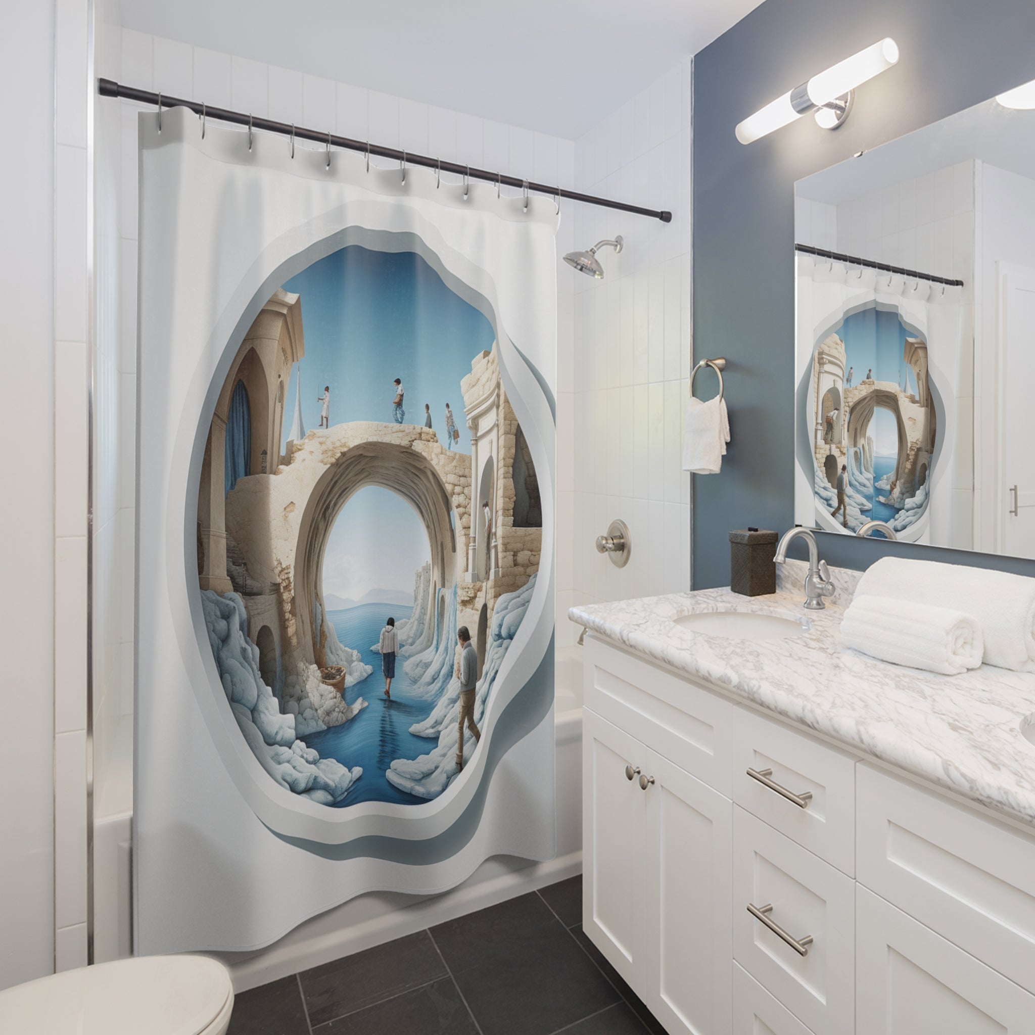 Cloud Portal Bathroom Decor🚪 Sublime Urban Illusion Portal: Hyper-Realistic Optical Illusion Tapestry & Shower Curtain - Brown Building Interior Gateway Design for Contemporary Home Décor 🏢🛁