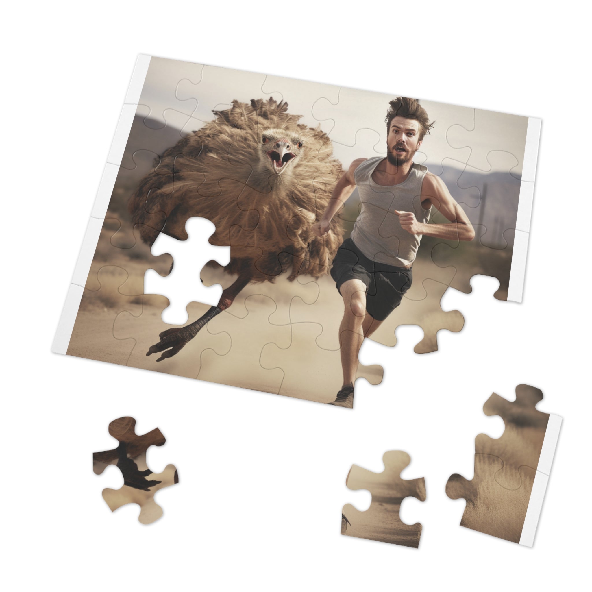 Escape from Prehistoric Terror: Man Running from Ancient Mean Big Bird Jigsaw Puzzle - Available in 30, 110, 252 Pieces for All Ages