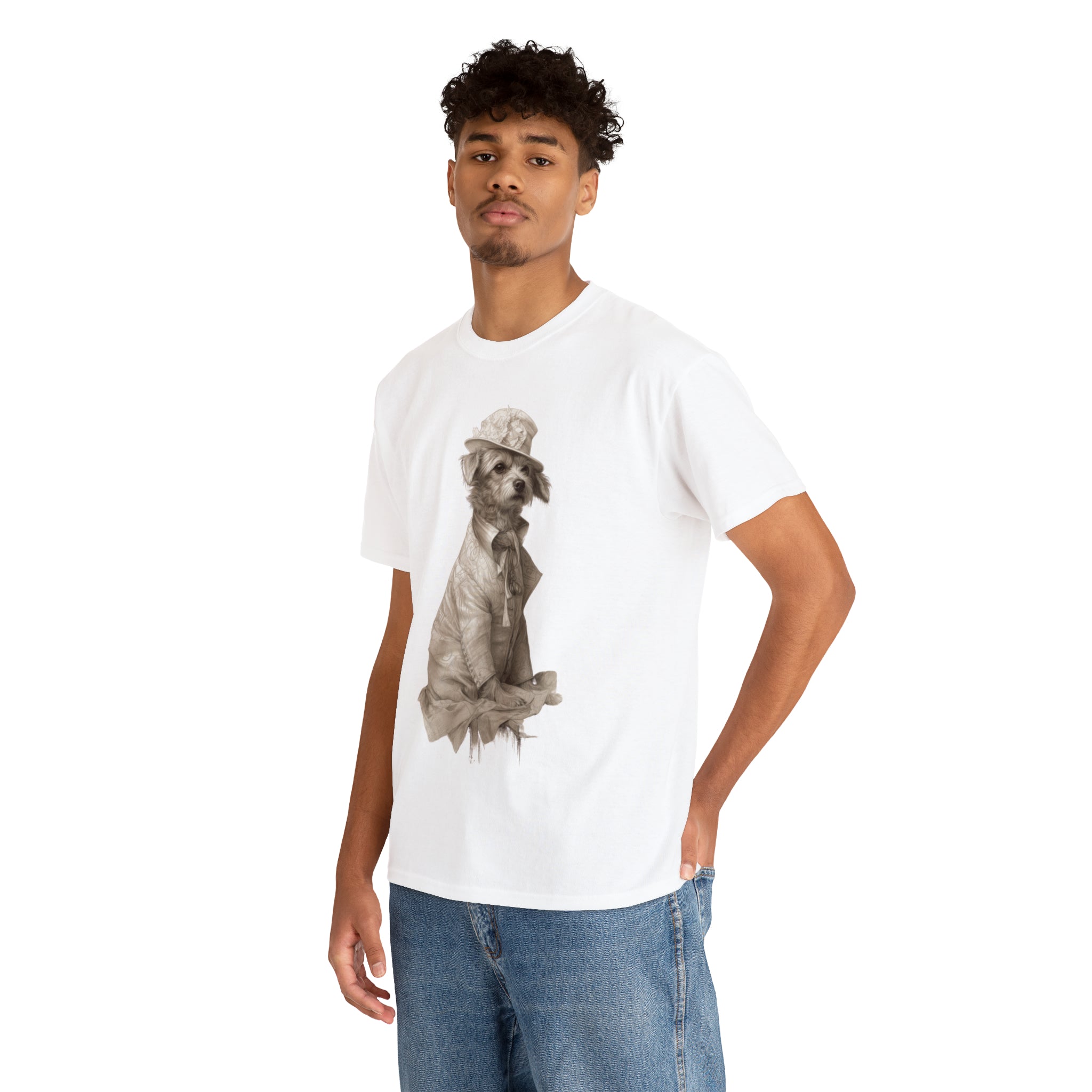 Unisex Heavy Cotton Tee-Distinguished Canine Tramp" Unisex Heavy Cotton Tee - Pencil Drawn Art with Floral Accents