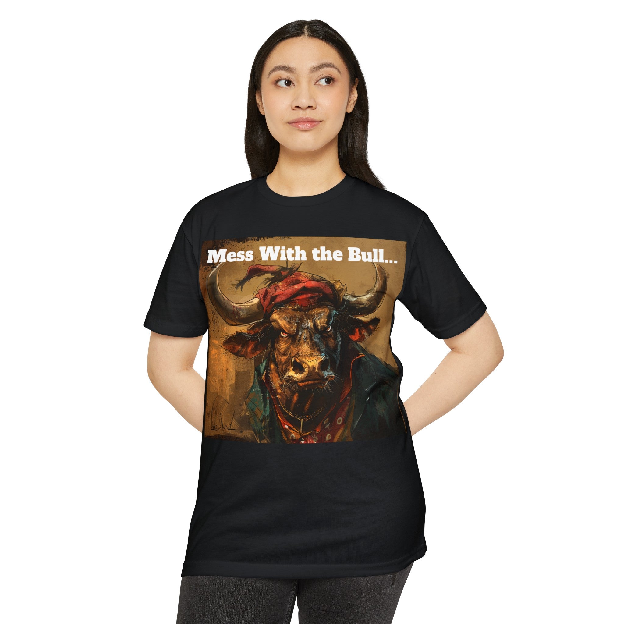 The image features a robust and detailed bull illustration on a unisex CVC jersey t-shirt, showcasing the muscular build and intense gaze of the bull, perfectly reflecting the shirt's "Mess with the Bull" theme. The fabric's quality is evident, promising both style and durability, while the design appeals to those who appreciate a blend of artistry and attitude in their fashion choices.