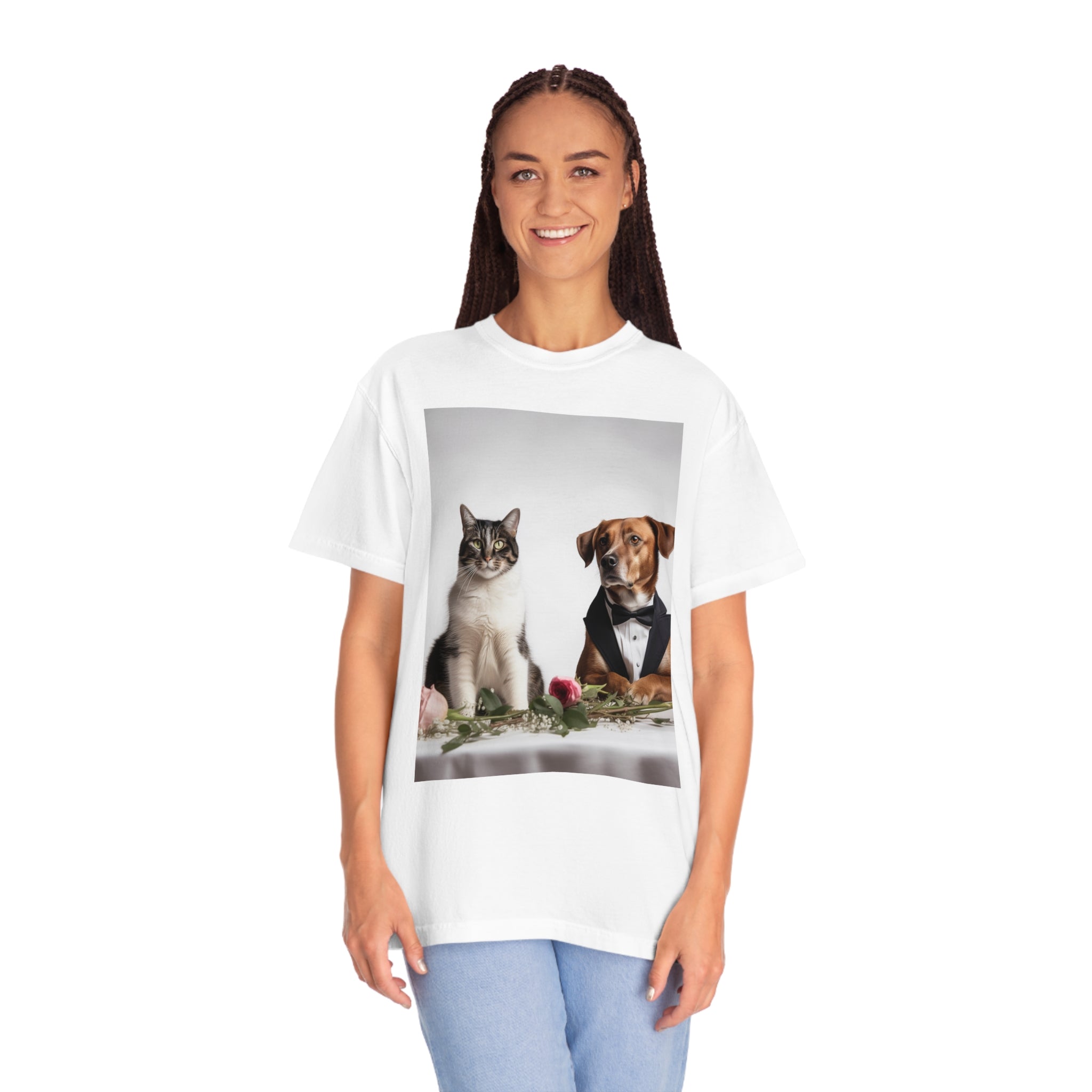 Unisex Garment-Dyed T-shirt-- Dog and Cat at Dinner Great Gift for Dog and Cat Lovers