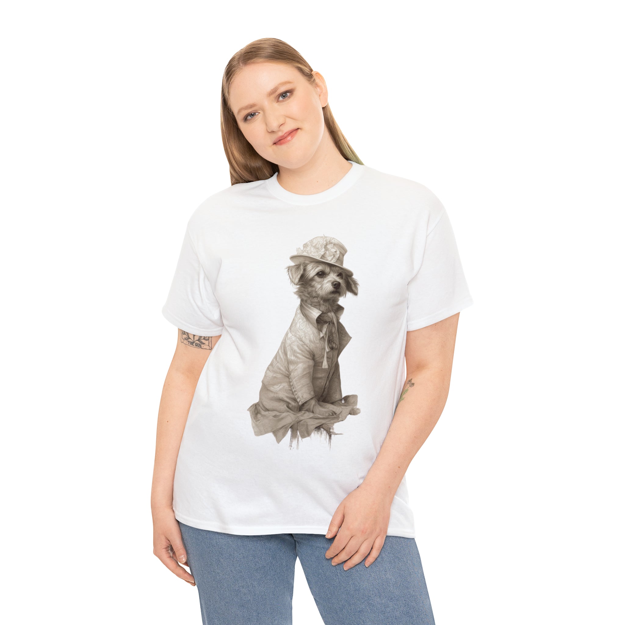 Unisex Heavy Cotton Tee-Distinguished Canine Tramp" Unisex Heavy Cotton Tee - Pencil Drawn Art with Floral Accents