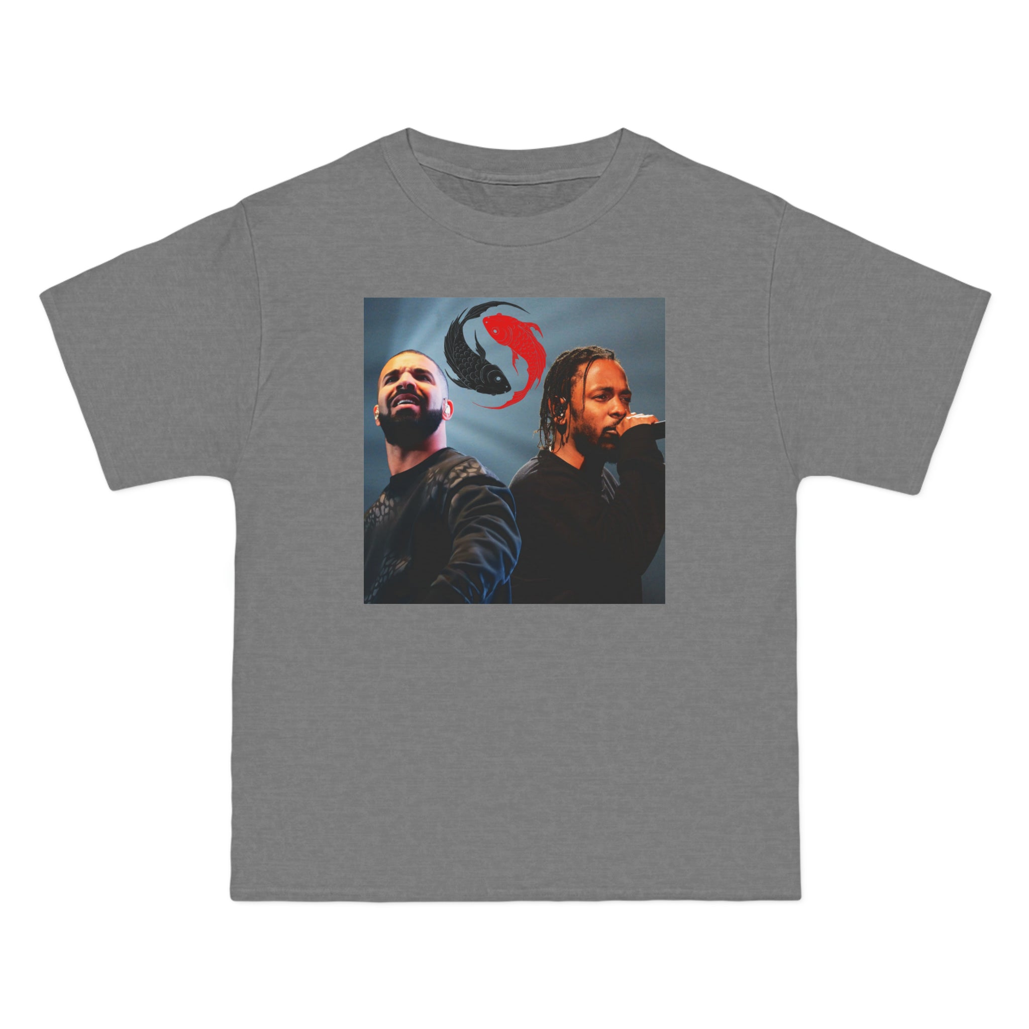 The image showcases a stylish, black Beefy-T® short-sleeve t-shirt adorned with a unique Yin and Yang design, artistically merging the iconic profiles of Drizzy and Lamar. The symbol not only represents balance and duality but also celebrates the rap beef rivalry turned mutual admiration, making it a profound statement piece for any fan of the genre.