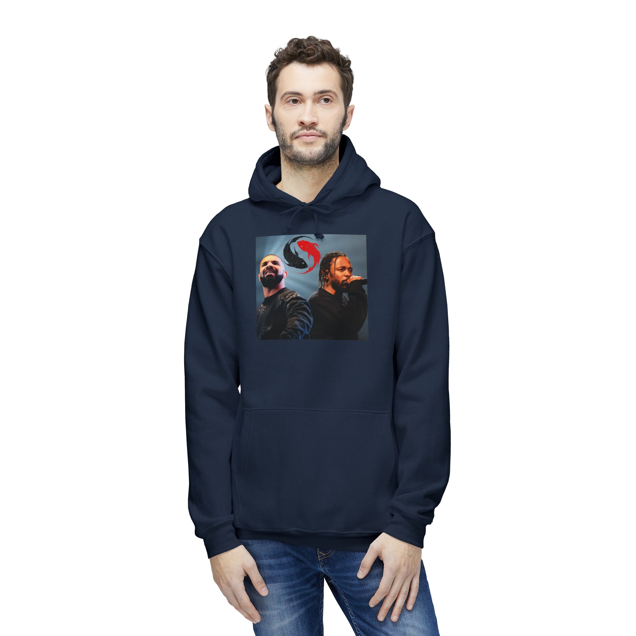 The image presents a cozy, unisex hooded sweatshirt featuring the captivating "Yin and Yang Beef - Drizzy vs. Lamar" design. Made with attention to detail and quality in the US, the hoodie captures the essence of hip-hop rivalry turned mutual admiration, set against a backdrop of soft, durable fabric that promises both style and comfort.