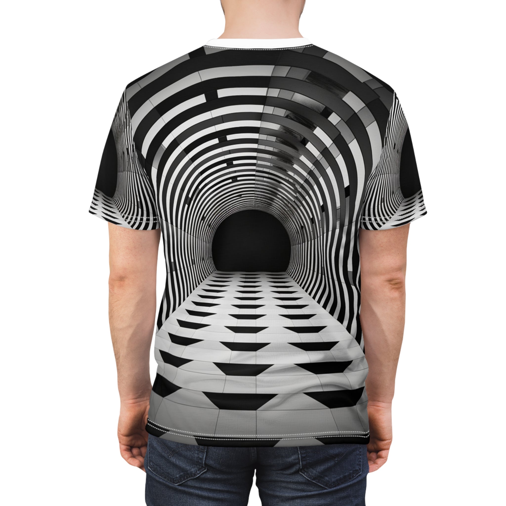 🌀 'Social Paradox' Unisex Tee: Engaging 3D Tunnel Illusion - Striking AOP Design for Social Ice-Breakers & Unique Fashion Statement 🌌✨ Conversation Starter