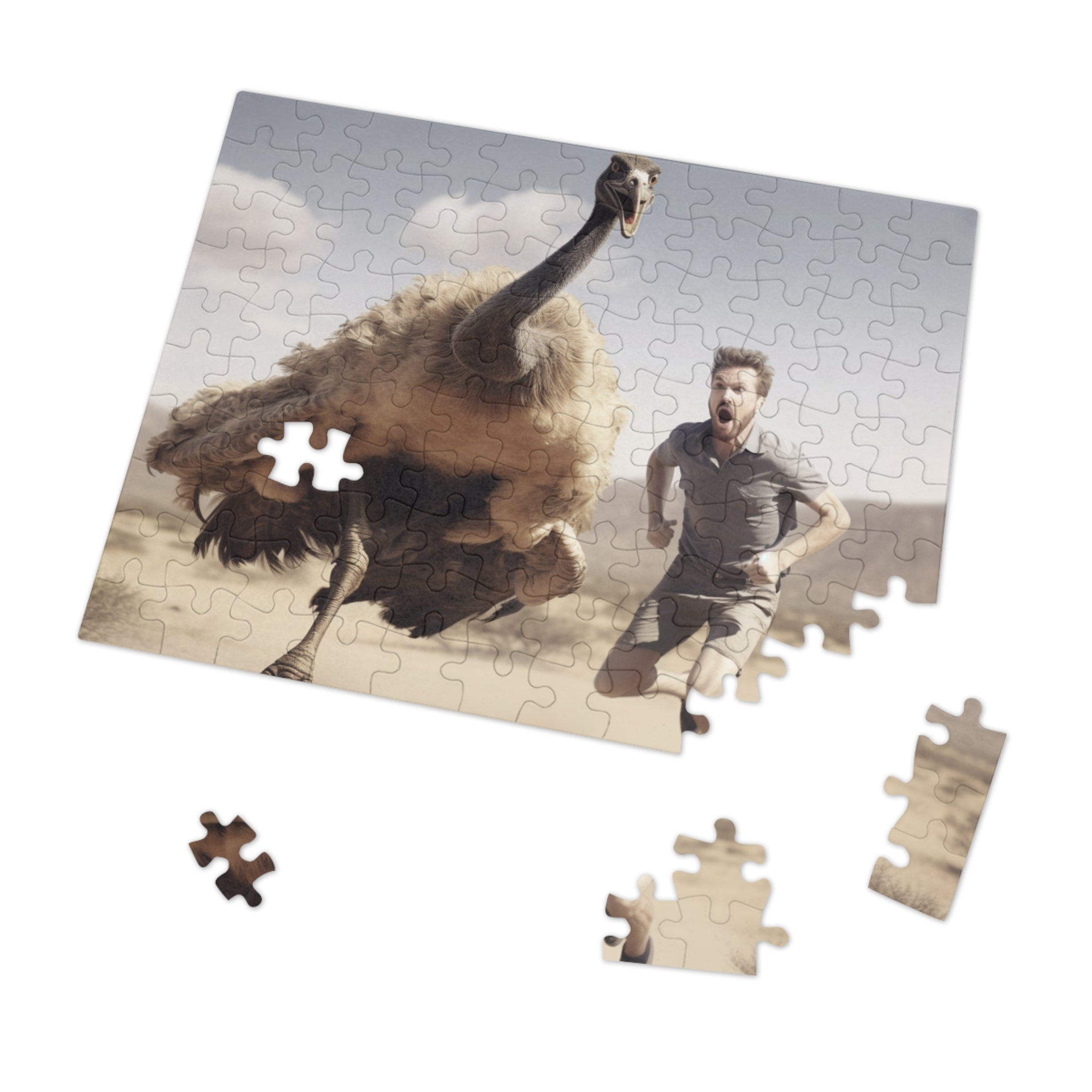 Funny Puzzle Gift Escape from Prehistoric Chicken: Man Running from Ancient Mean Big Bird Jigsaw Puzzle - Available in 30, 110, 252 Pieces for All Ages