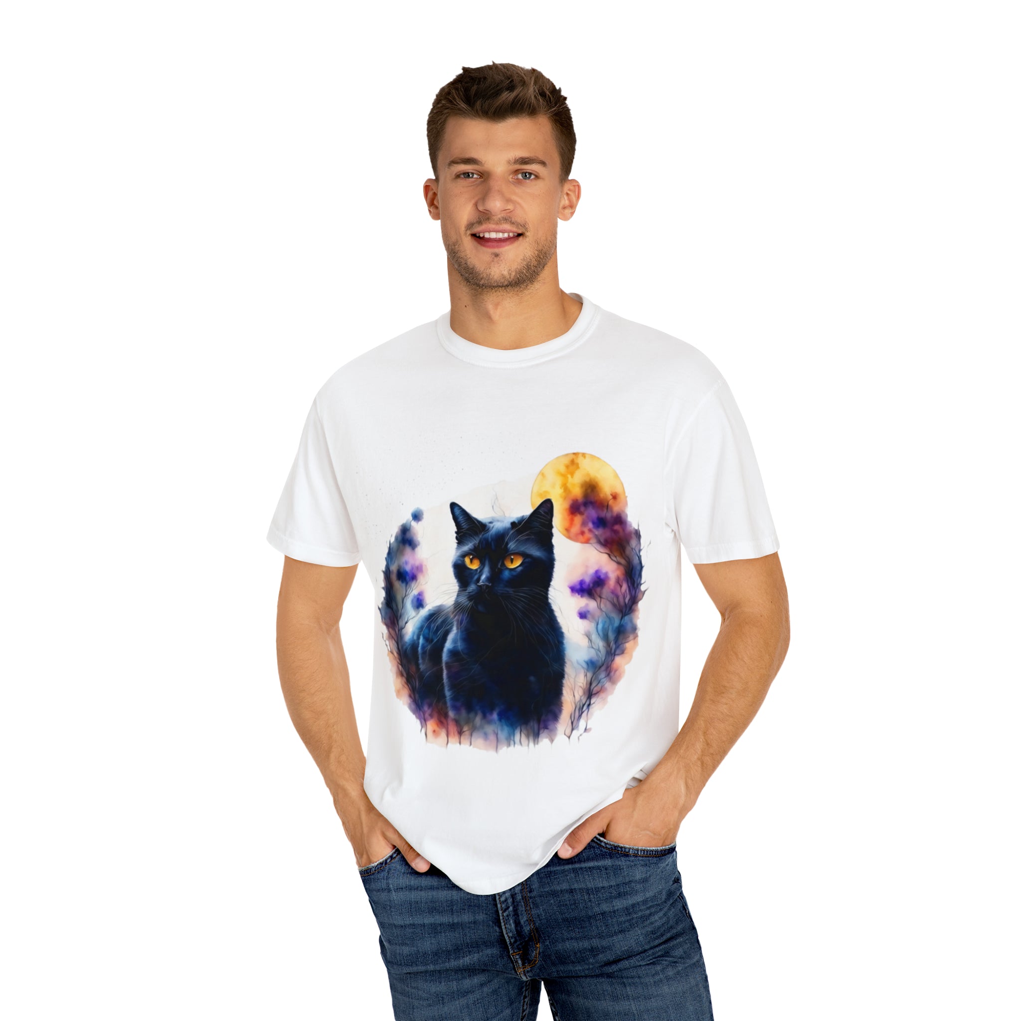 Unisex Garment-Dyed T-shirt- Midnite Kitty Beautiful Art for Last minute Gift and Cute Gift for Cat Owners