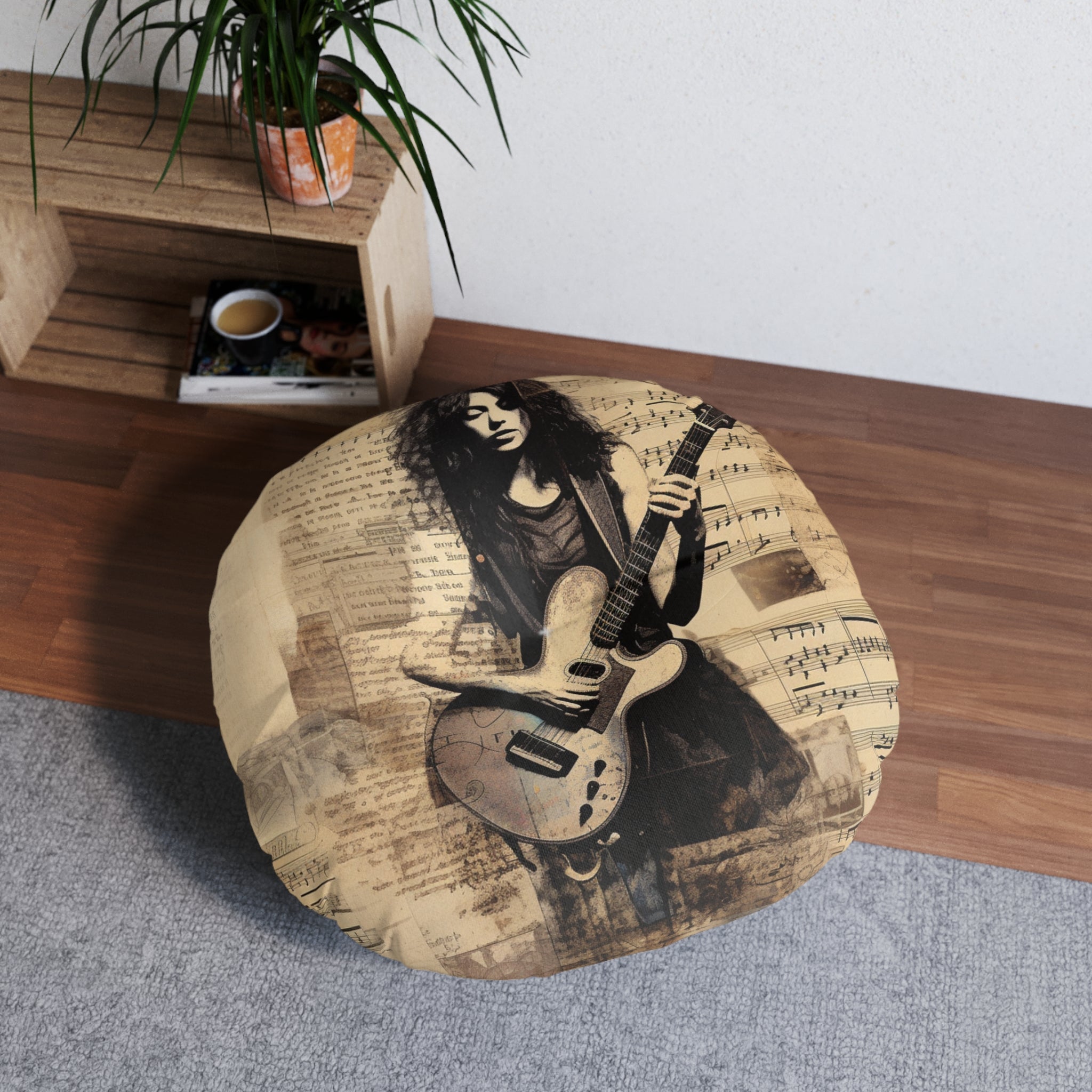 Tufted Floor Pillow, Round--Guitar Player Collage (Professional Art)