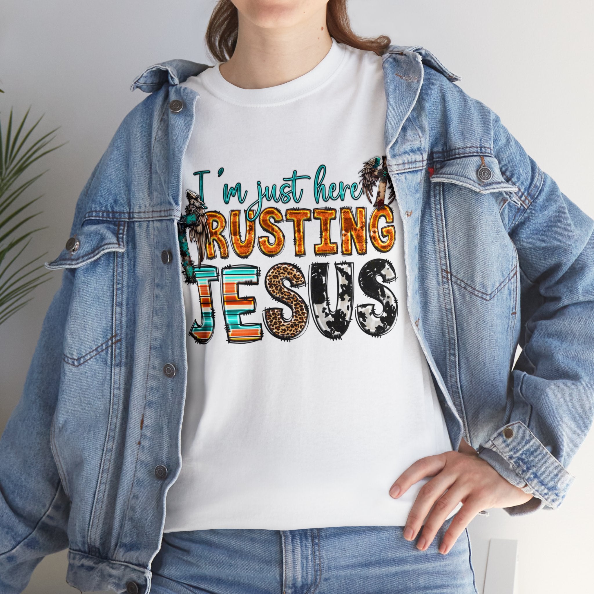 Embrace Faith and Spread Positivity with Our 'I'm Just Here Trusting Jesus' Unisex Heavy Cotton Tee: Wear Your Belief Proudly