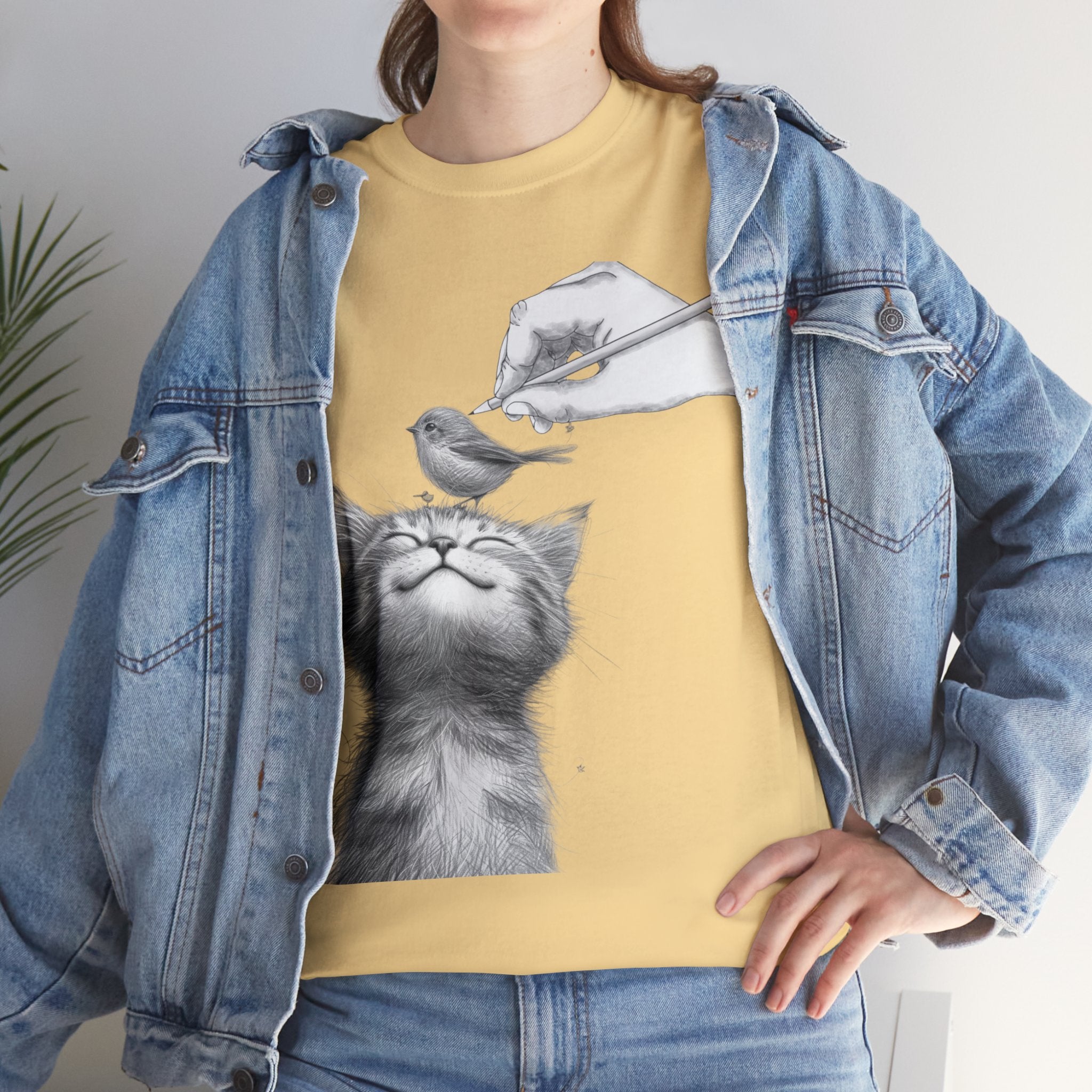 Cute Top for Artist Gift Women's Discover Artistic Elegance: Sketch Hand Drawing Bird and Cat Friendship Unisex Heavy Cotton Tee - Unique Design for Art Enthusiasts