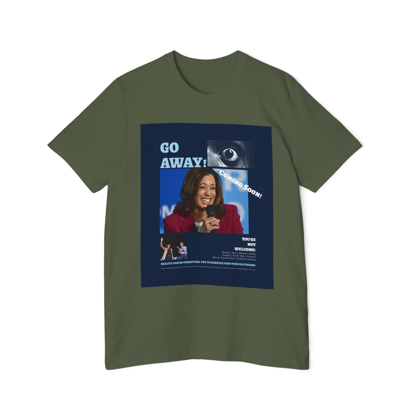 Go Away! Horror Film-Inspired Dem 2024 Campaign Parody USA-Made Unisex Jersey T-Shirt - A Bold Political Statement