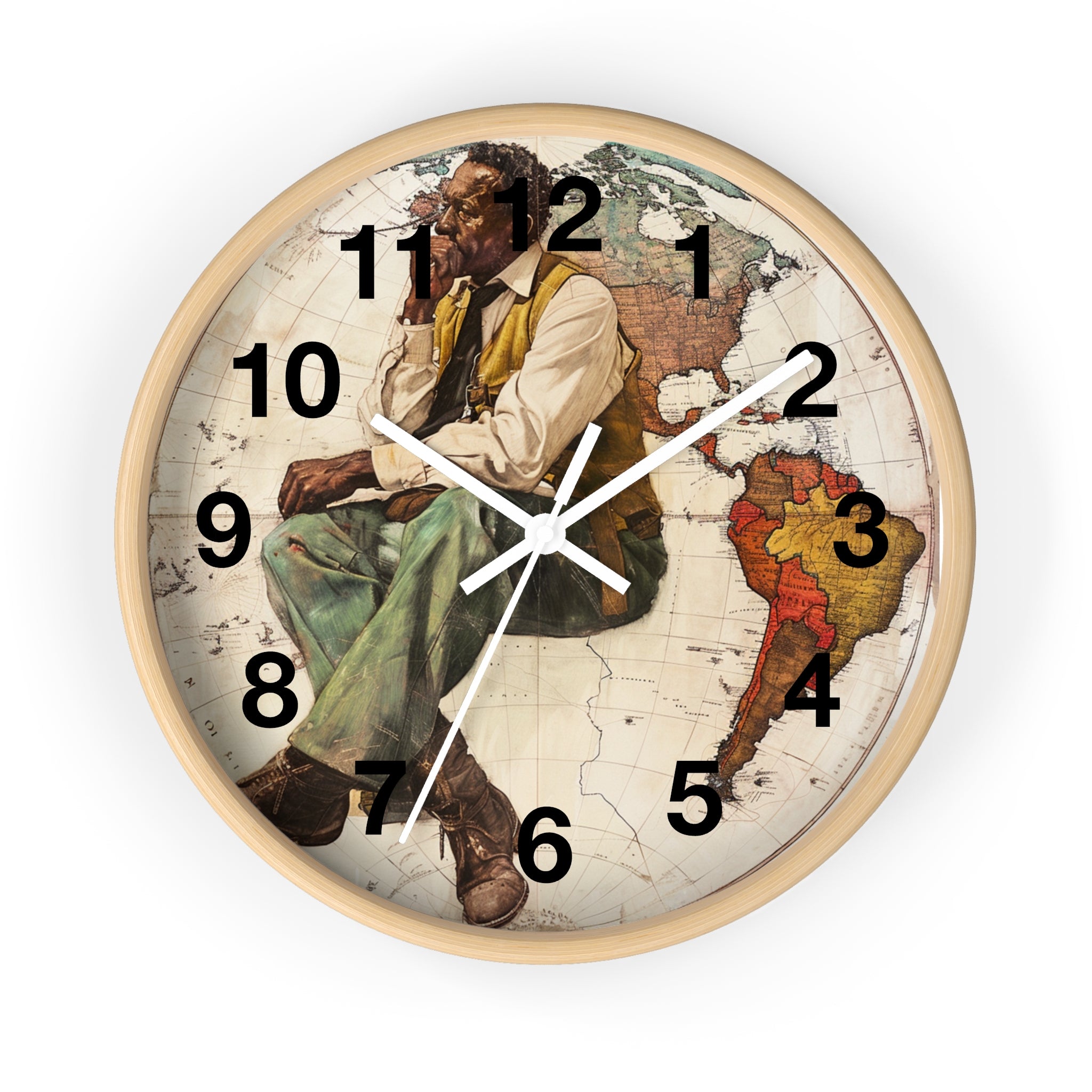 The image showcases an elegant wall clock featuring an abstract design inspired by Norman Rockwell. The clock highlights the achievements of Foundational Black Americans through artistic depictions, combining historical significance with a modern, abstract aesthetic. Its high-quality construction and sophisticated look make it a perfect addition to any home or office.