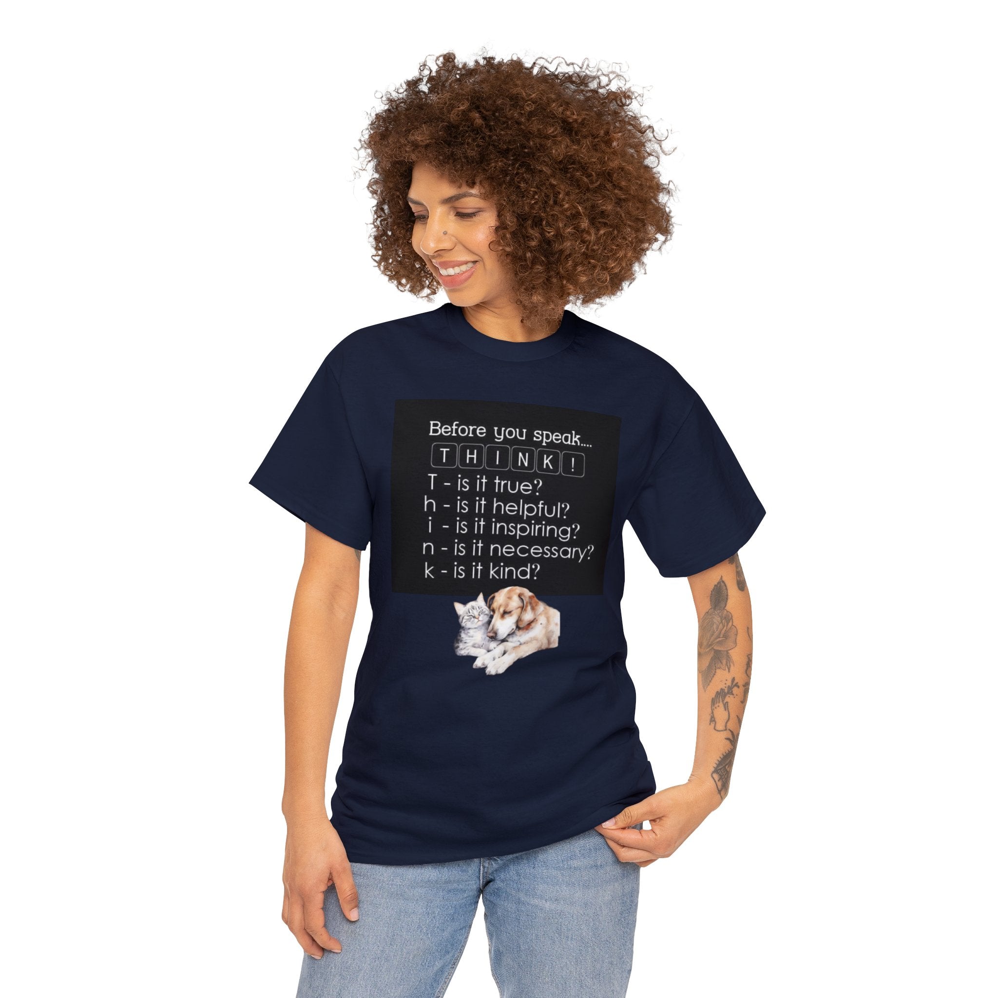 T.H.I.N.K Acronym Kindness Dog and Cat Comfy Friends Unisex Heavy Cotton Tee - Spread Positivity & Friendship